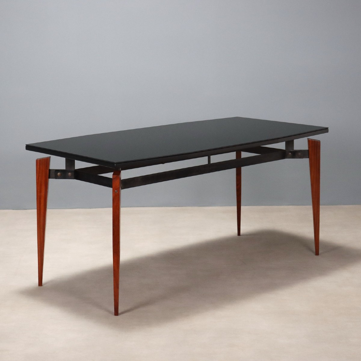 Table Vintage Acajou Métal Verre Design Italie Années 1960