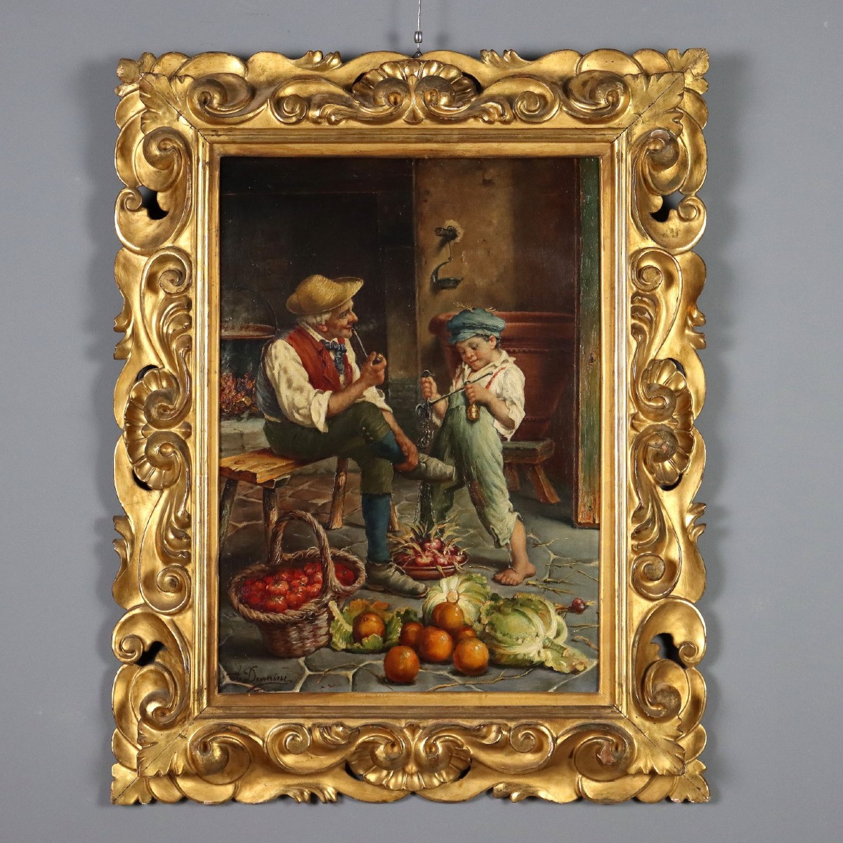 Antique Painting Signed A. Dumini Preparing For The Market XIX Century
