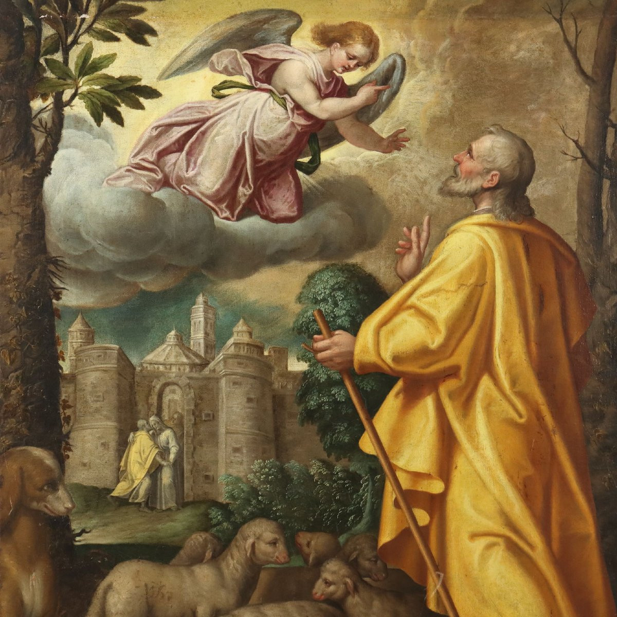 Tableau Ancien Saint Joachim et l'Ange Huile sur Toile XVIe Siècle-photo-3
