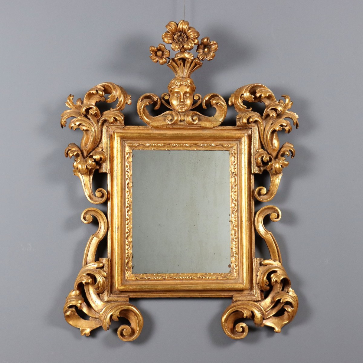 Petit Miroir Ancien Bois Gravé Doré Italie XIXe Siècle
