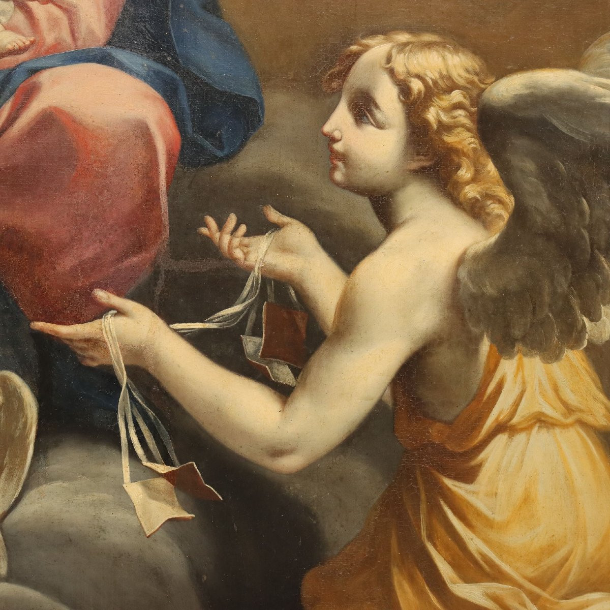 Antique Painting Virgin Mary With Child And Angels Oil On Canvas XVIII Century-photo-2