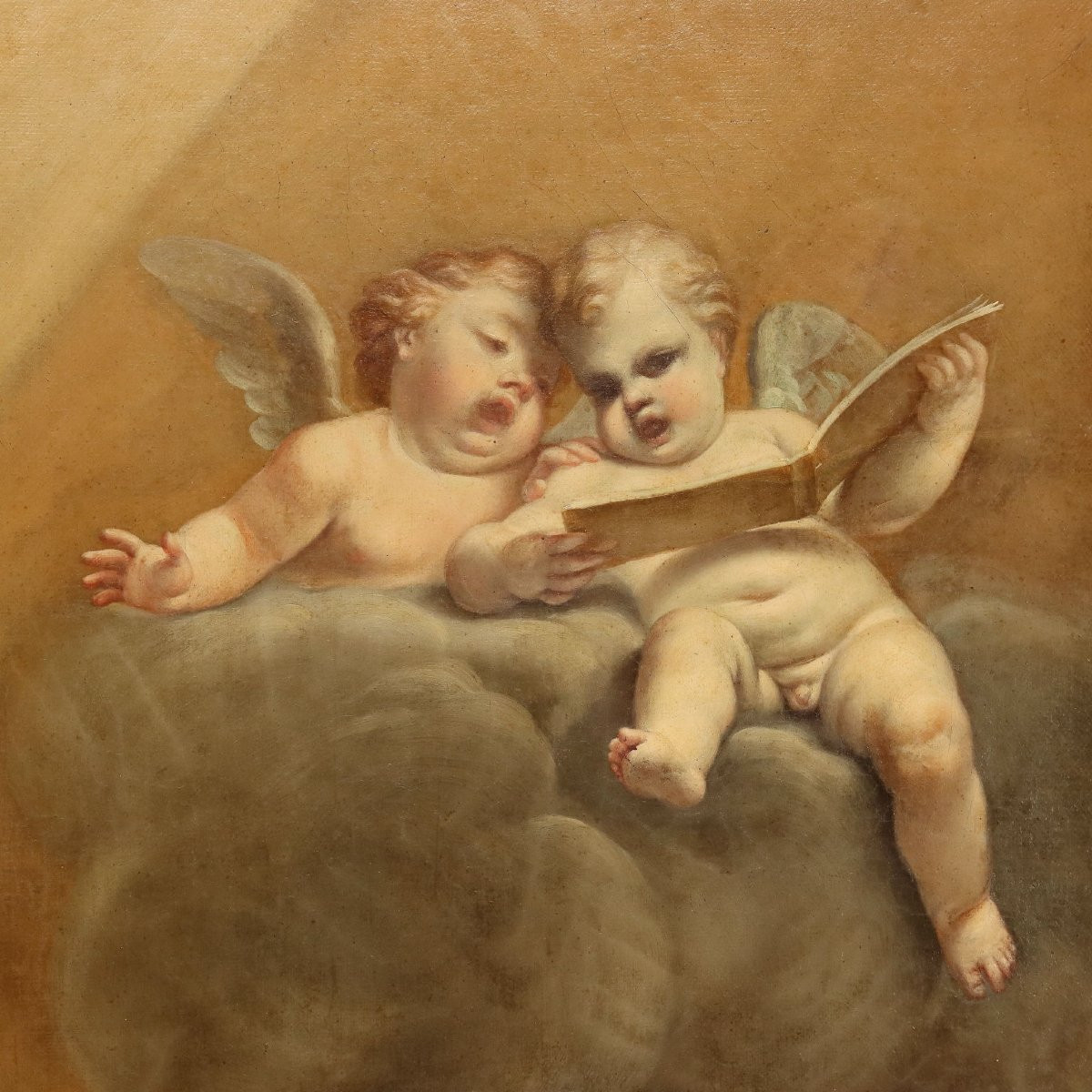 Antique Painting Virgin Mary With Child And Angels Oil On Canvas XVIII Century-photo-5