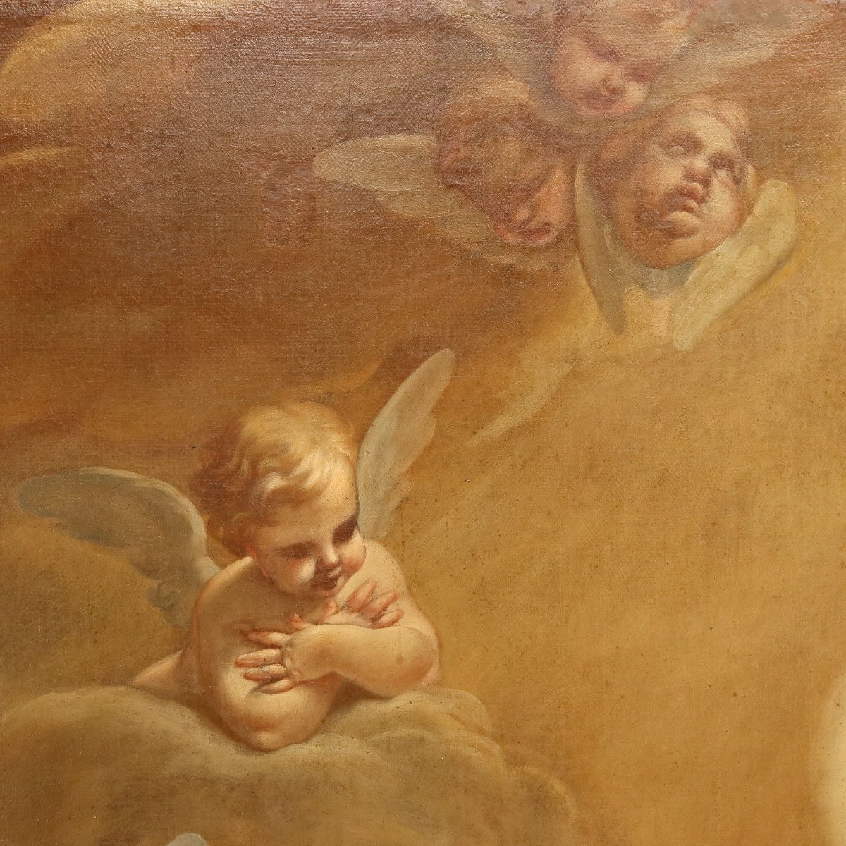 Antique Painting Virgin Mary With Child And Angels Oil On Canvas XVIII Century-photo-6