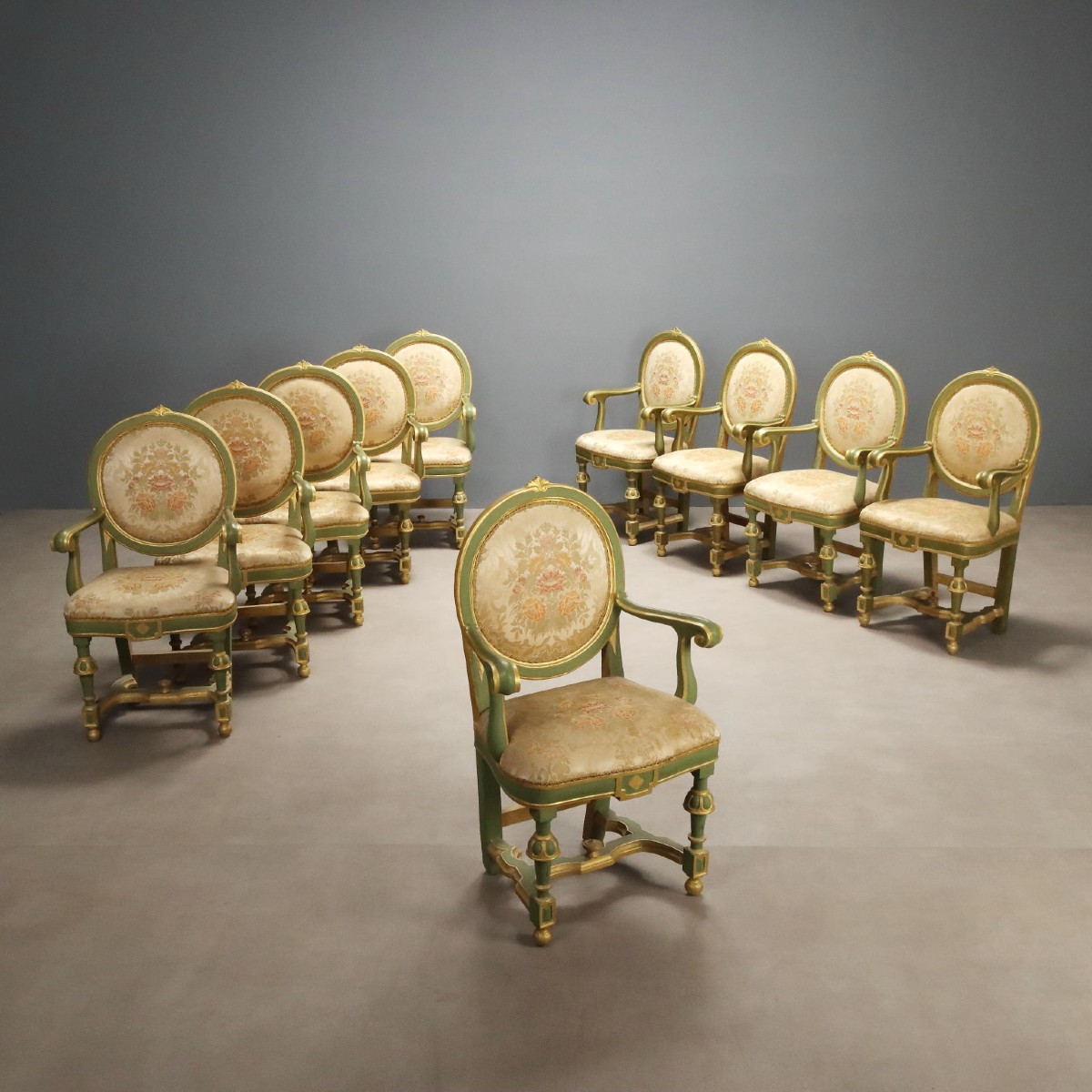 Set Of Ten Lacquered And Gilded Baroque Armchairs, 18th-century Italy