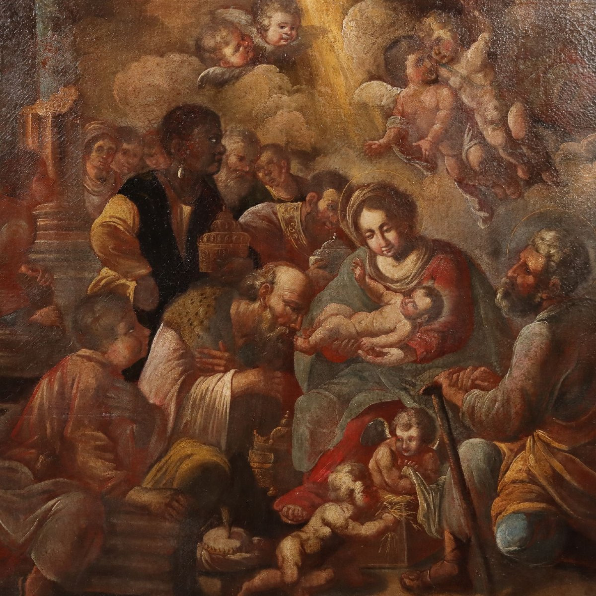 Tableau Ancien Adoration des Mages Huile sur Toile XVIIe Siècle-photo-3