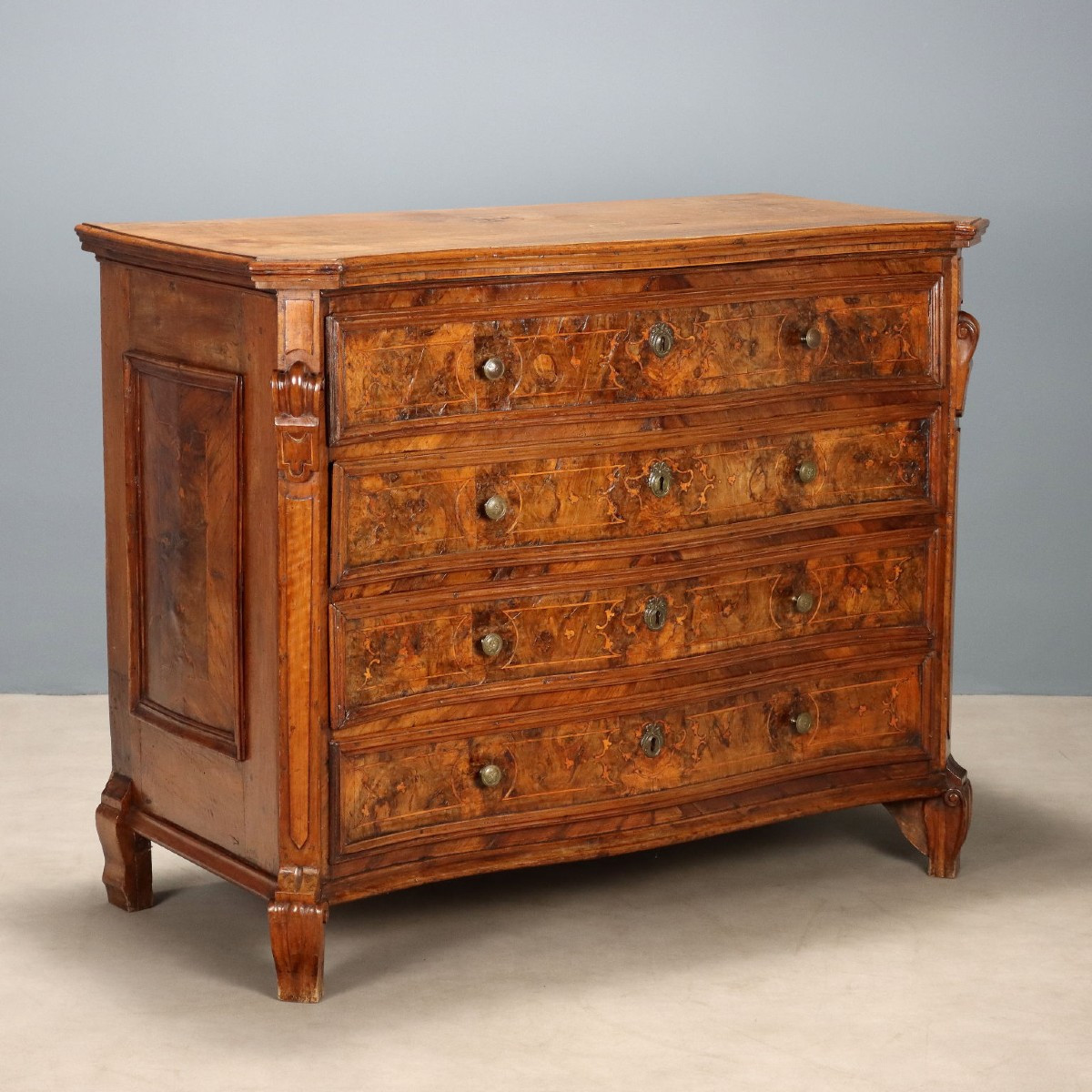 Commode Baroque Ancienne Noyer Bruyère 4 Tiroirs Lombardie  XVIIIe Siècle