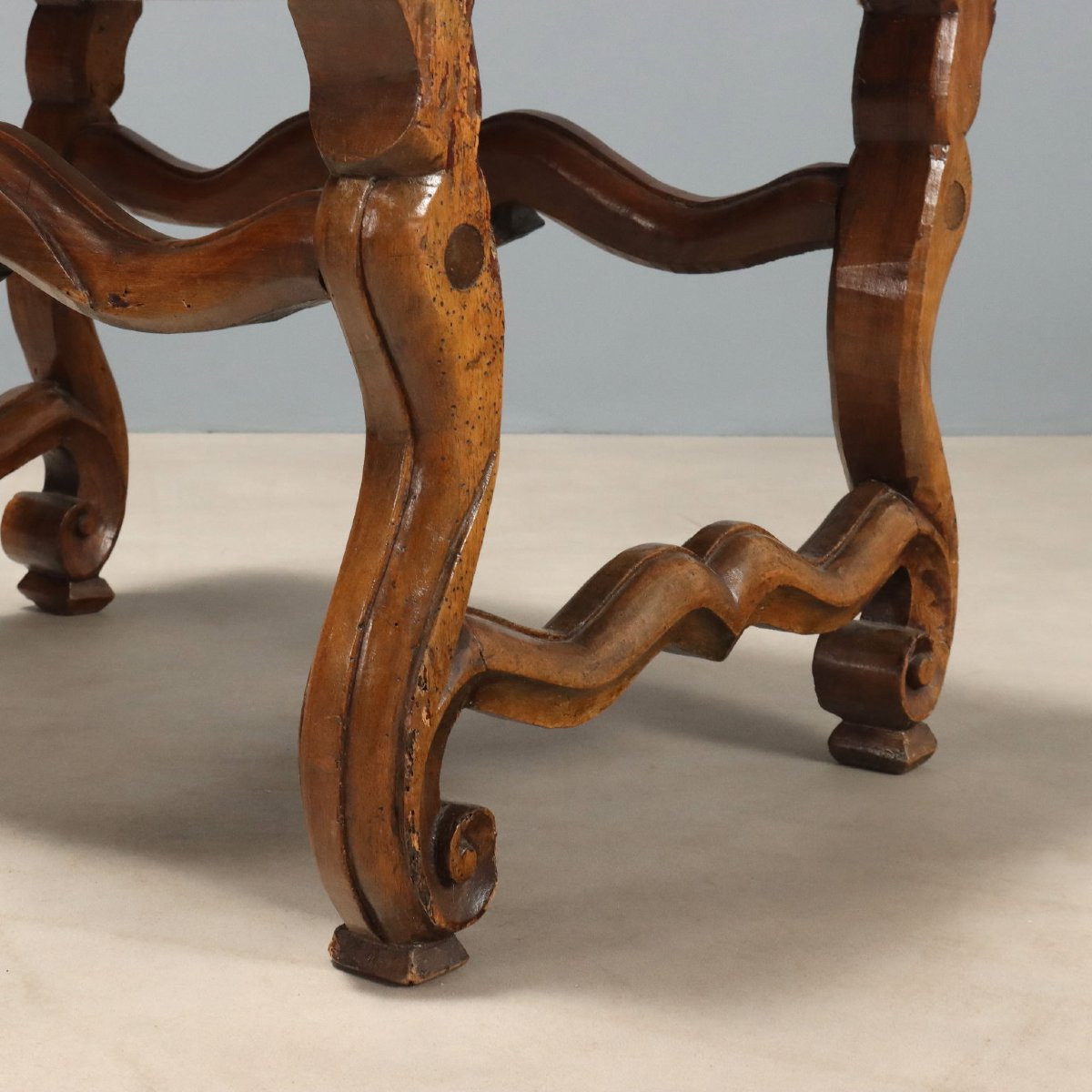 Tabourets Baroques Anciens Noyer Gravé Tissu Italie XVIIIe Siècle-photo-4