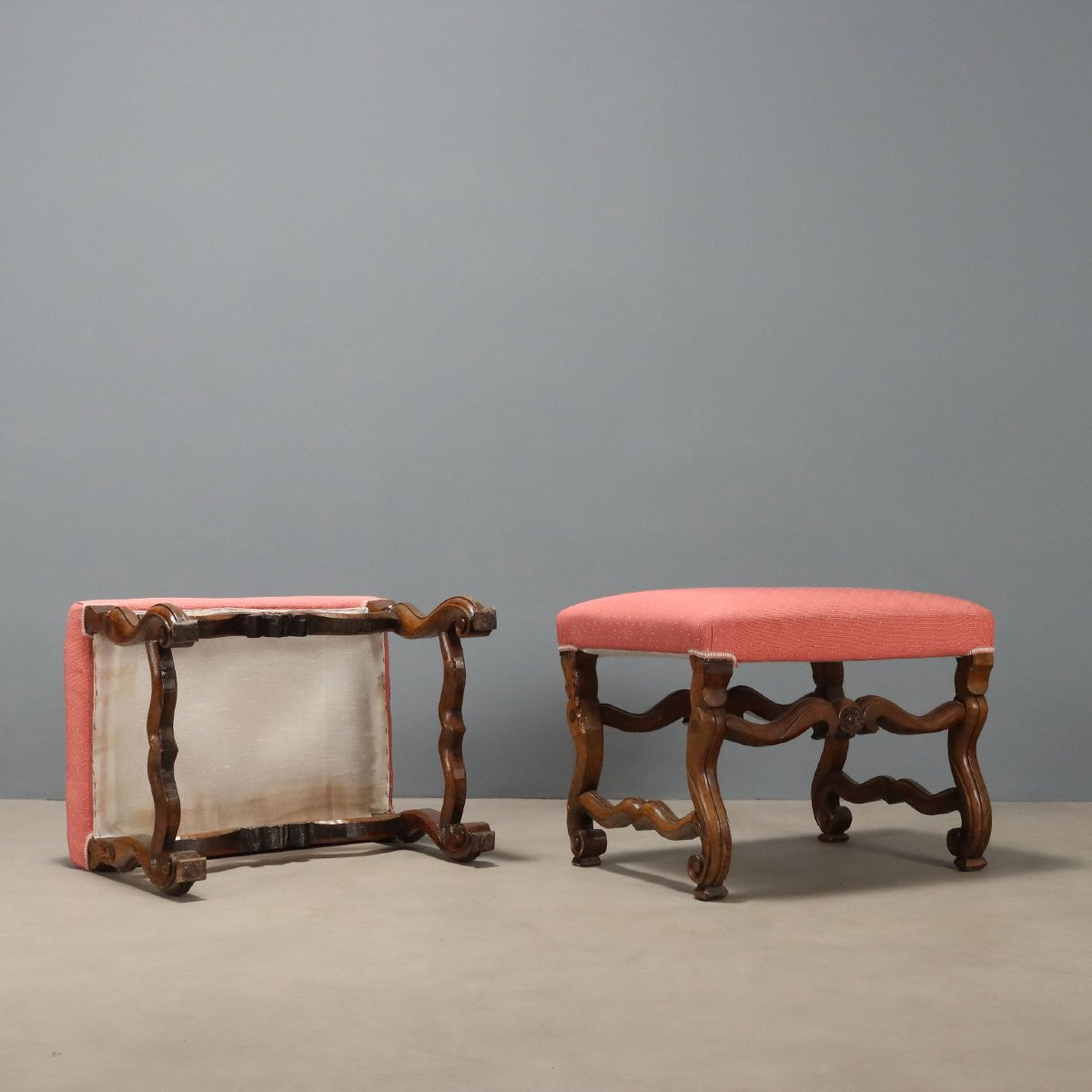 Tabourets Baroques Anciens Noyer Gravé Tissu Italie XVIIIe Siècle-photo-3