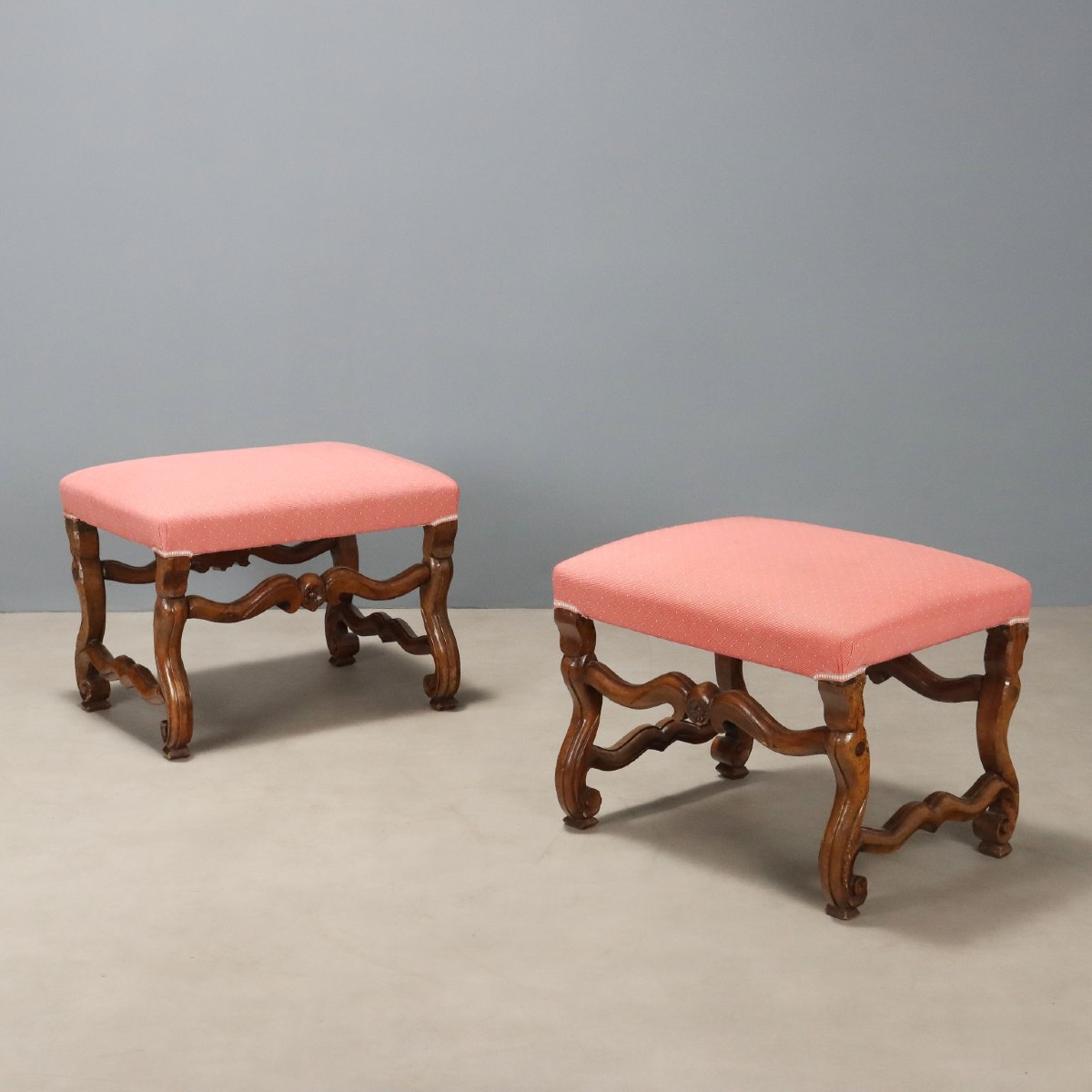 Tabourets Baroques Anciens Noyer Gravé Tissu Italie XVIIIe Siècle