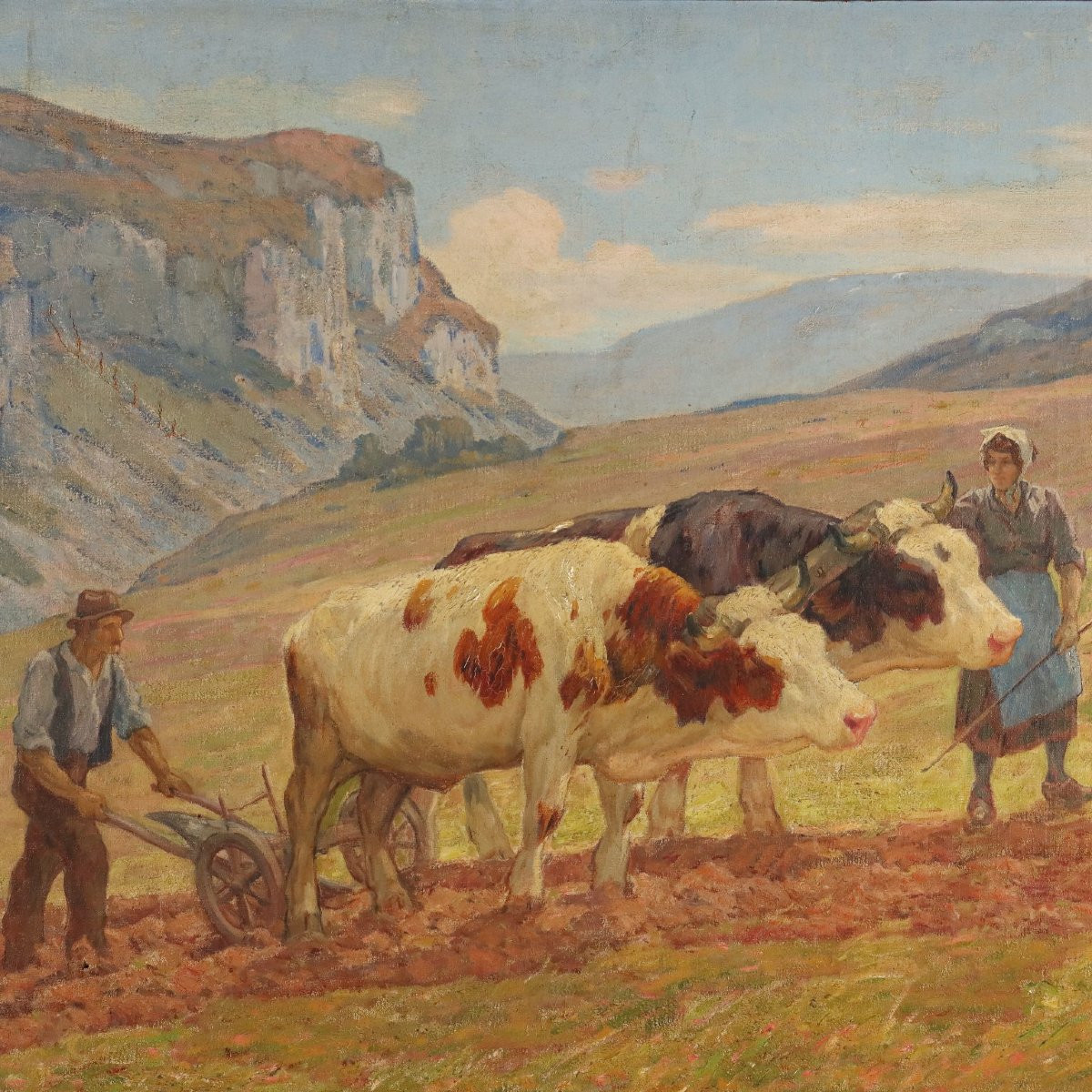 Painting Signed Clovis Terraire Ploughing In Bugey '900-photo-3