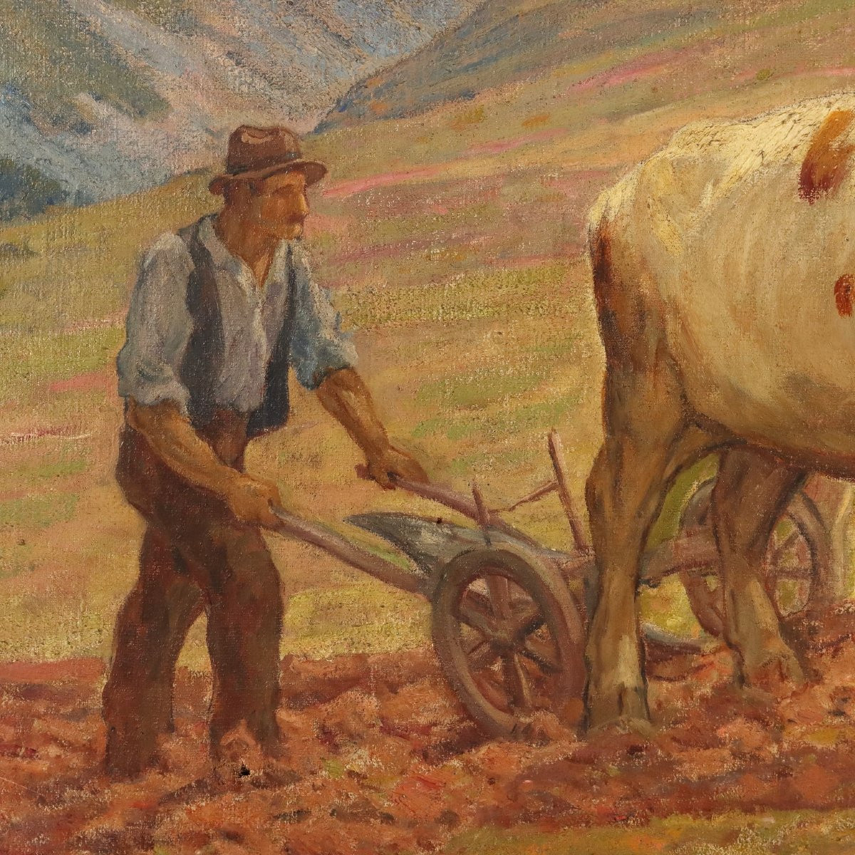 Painting Signed Clovis Terraire Ploughing In Bugey '900-photo-4