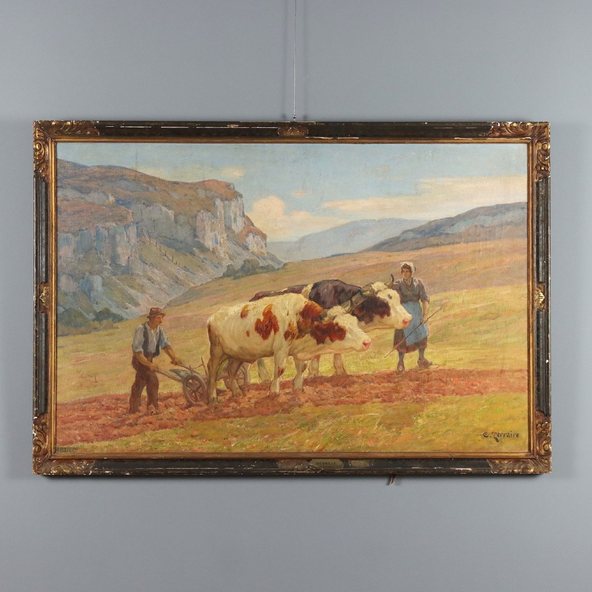 Painting Signed Clovis Terraire Ploughing In Bugey '900
