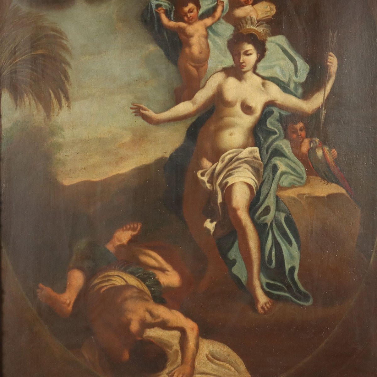 Antique Painting Allegory Of America Oil On Canvas XVIII Century-photo-3