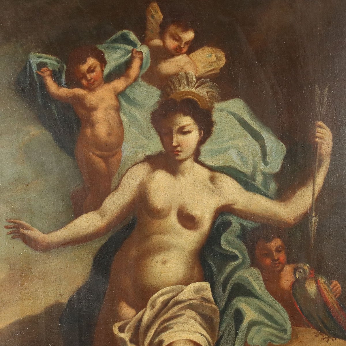 Antique Painting Allegory Of America Oil On Canvas XVIII Century-photo-4
