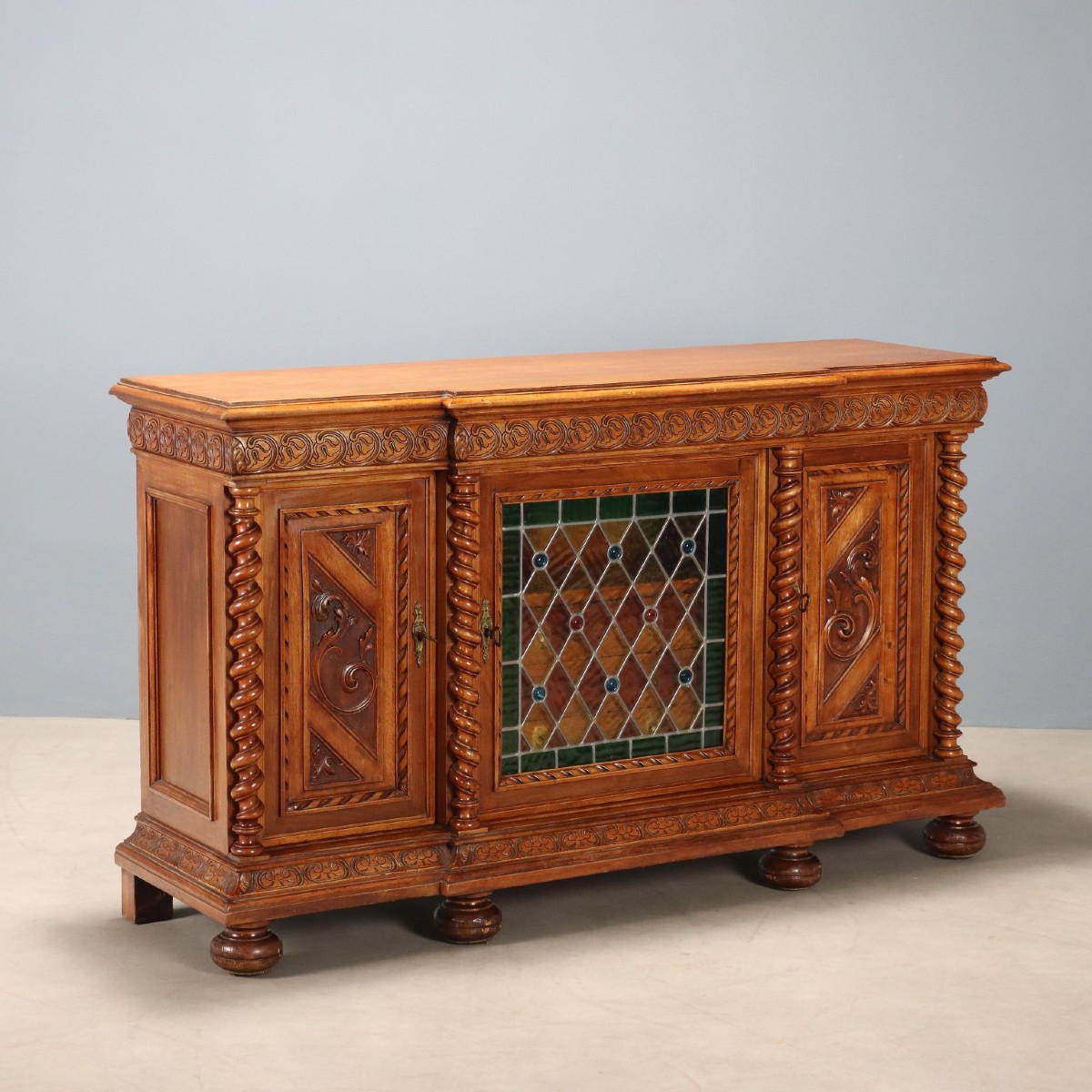 Buffet Ancien Style Néo-Baroque Noyer Verre Italie XIXe Siècle