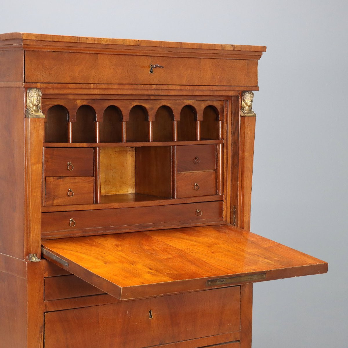 Empire-style Secretaire In Walnut And Lombardy Walnut Burl, Mid-19th Century-photo-3