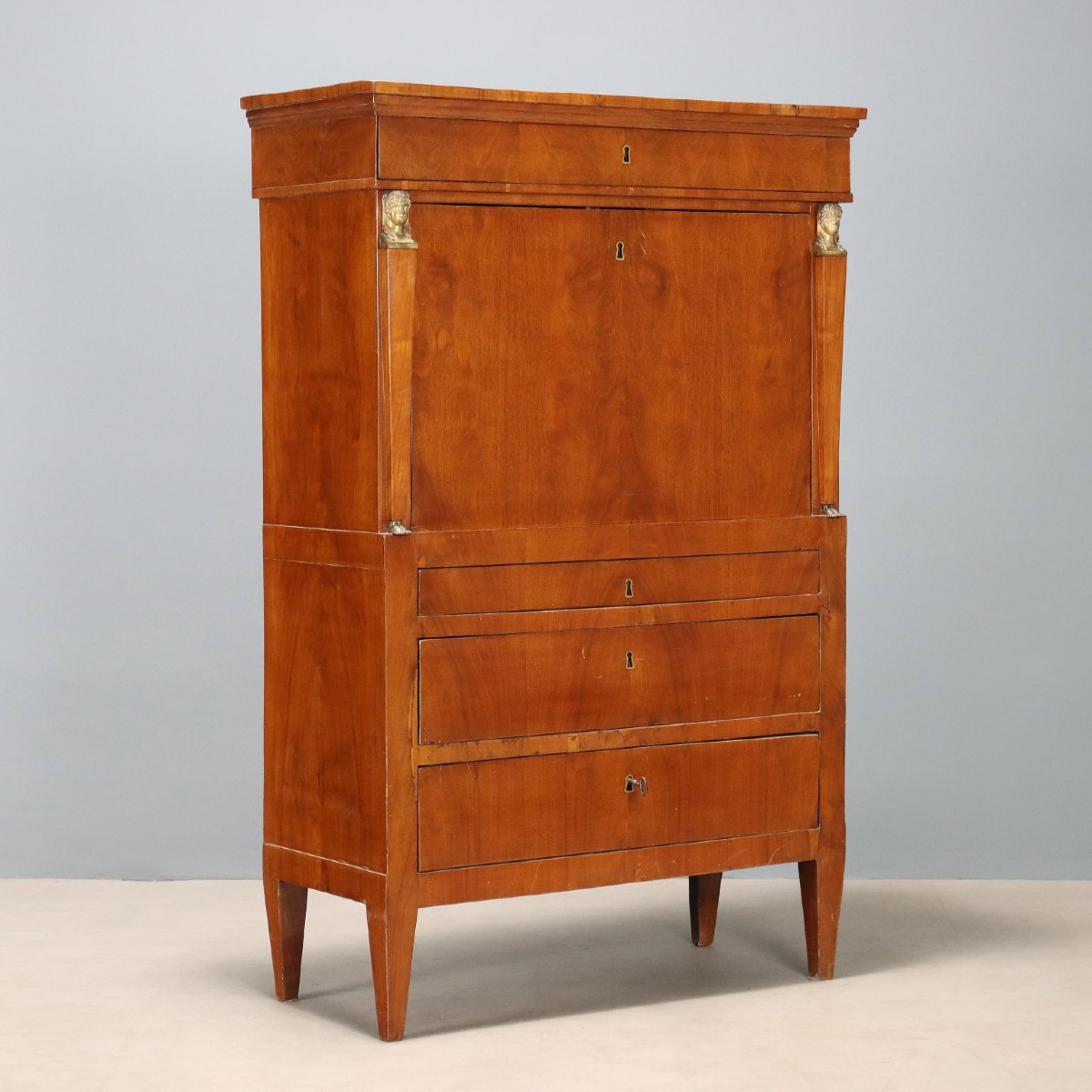Empire-style Secretaire In Walnut And Lombardy Walnut Burl, Mid-19th Century
