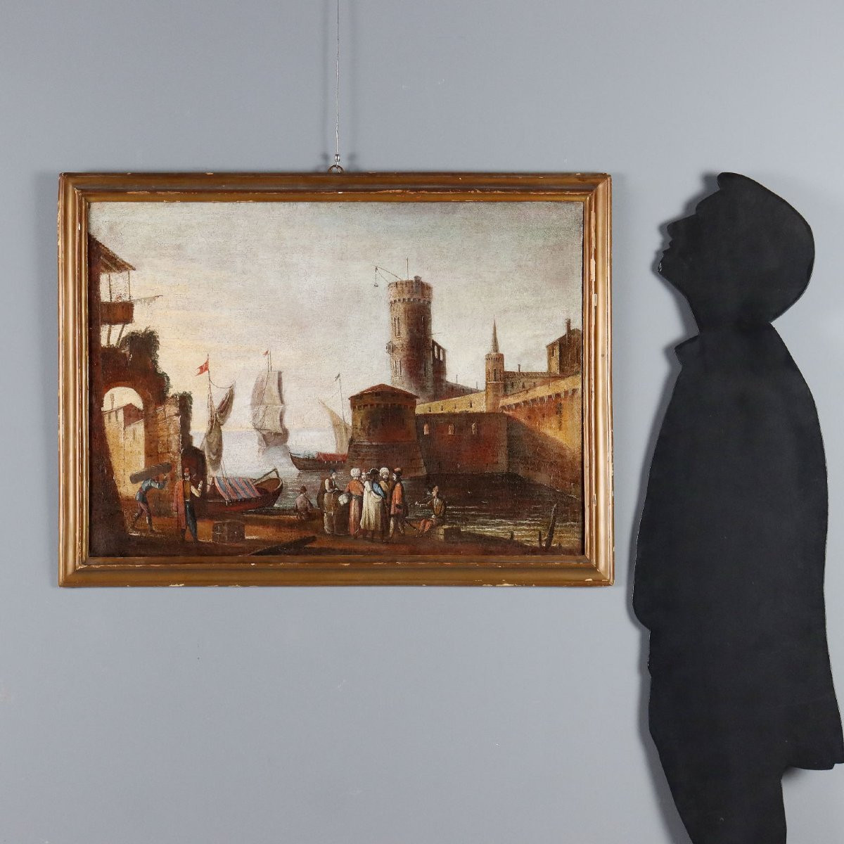 Tableau Ancien Scène Portuaire Huile sur Toile XVIIIe Siècle-photo-2