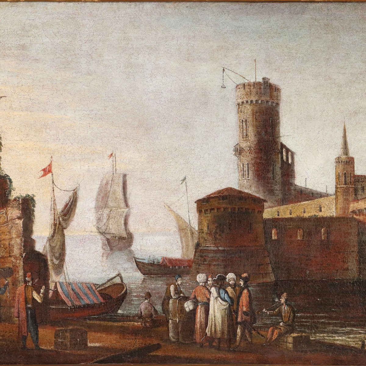 Tableau Ancien Scène Portuaire Huile sur Toile XVIIIe Siècle-photo-3