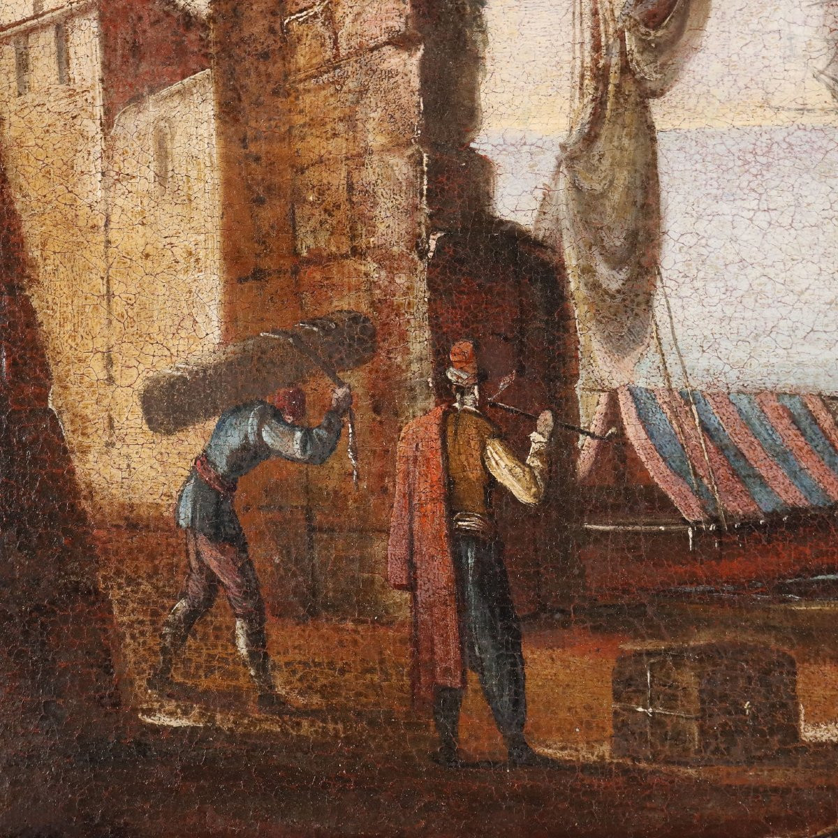 Tableau Ancien Scène Portuaire Huile sur Toile XVIIIe Siècle-photo-1