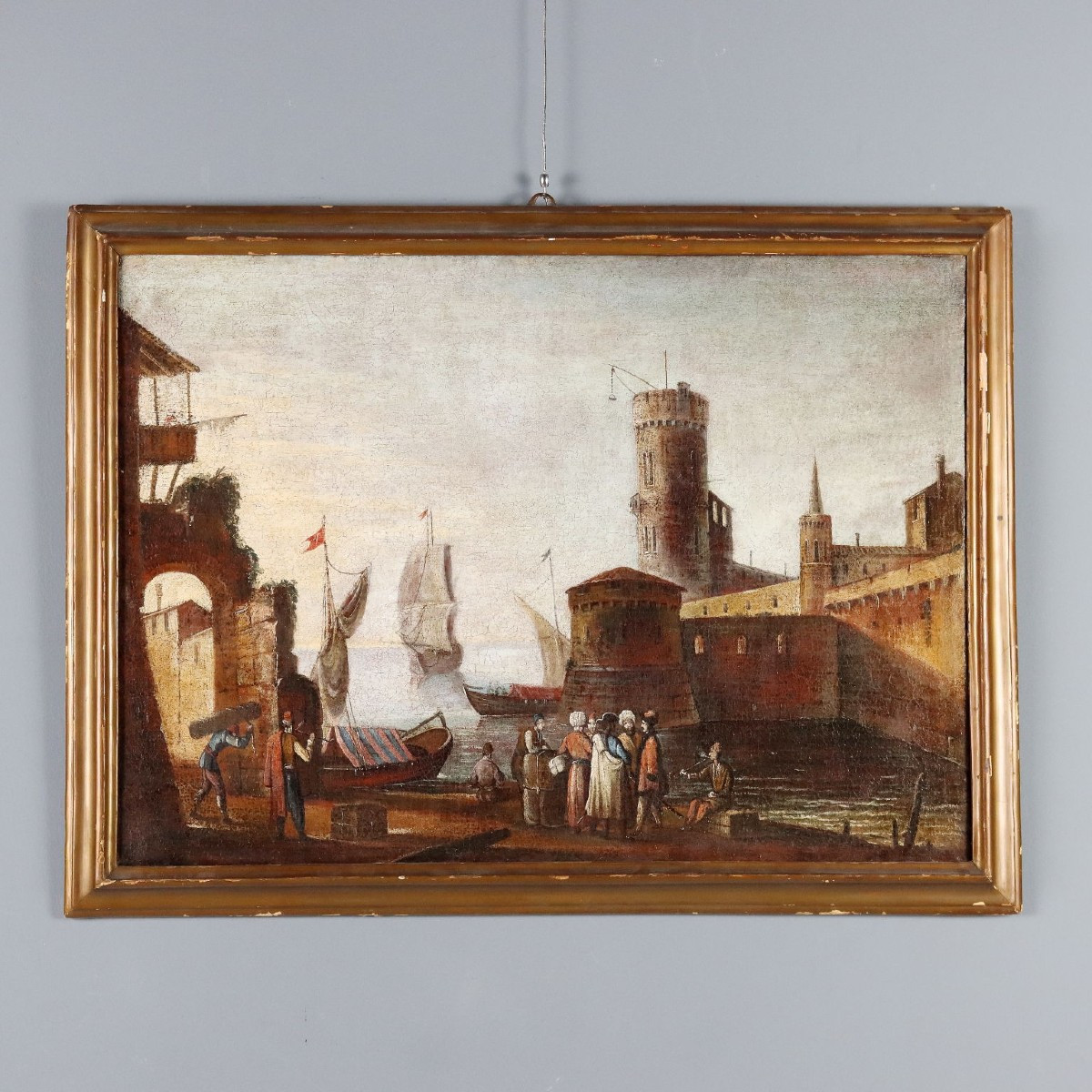 Tableau Ancien Scène Portuaire Huile sur Toile XVIIIe Siècle