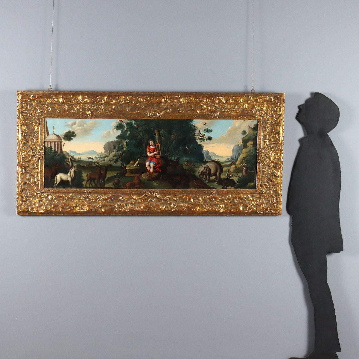 Tableau Ancien Orphée Enchante les Animaux Huile sur Bois '700-photo-2