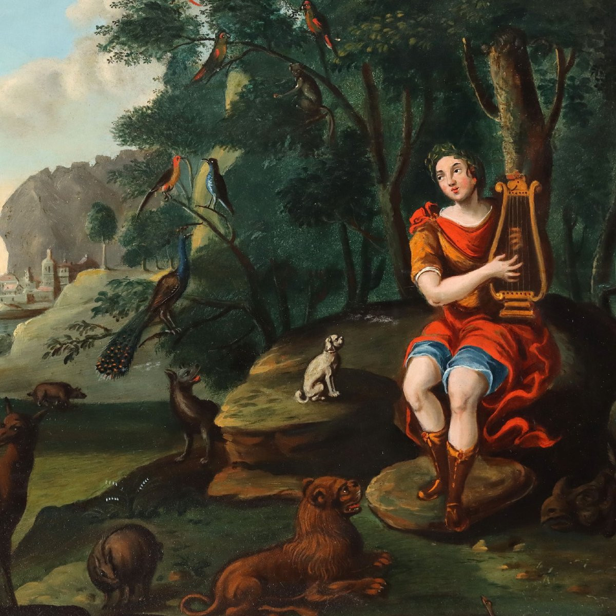 Tableau Ancien Orphée Enchante les Animaux Huile sur Bois '700-photo-3