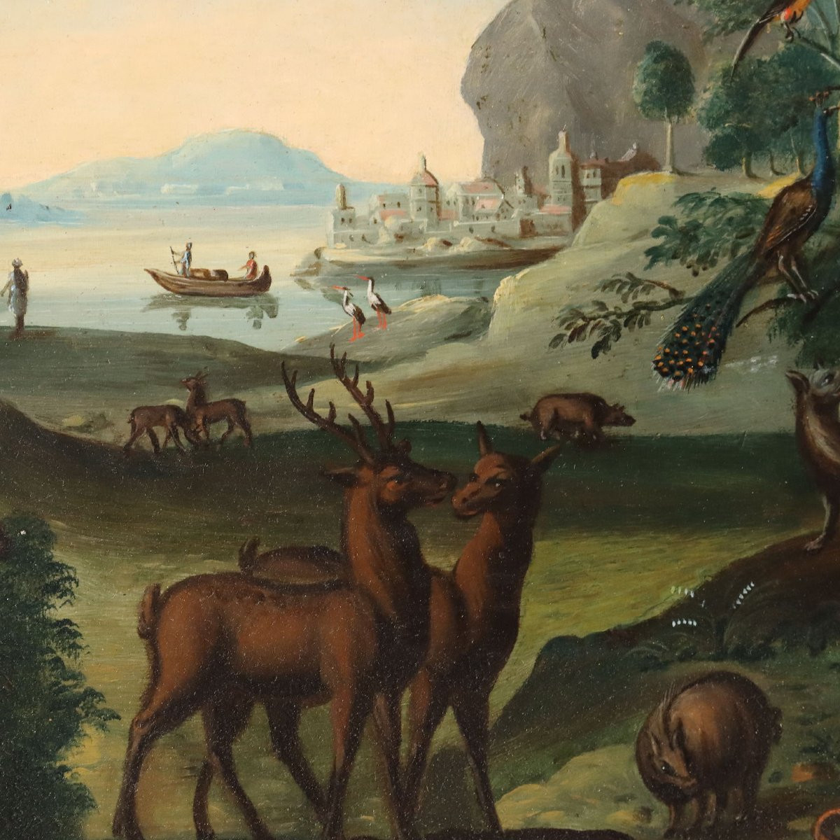 Tableau Ancien Orphée Enchante les Animaux Huile sur Bois '700-photo-4