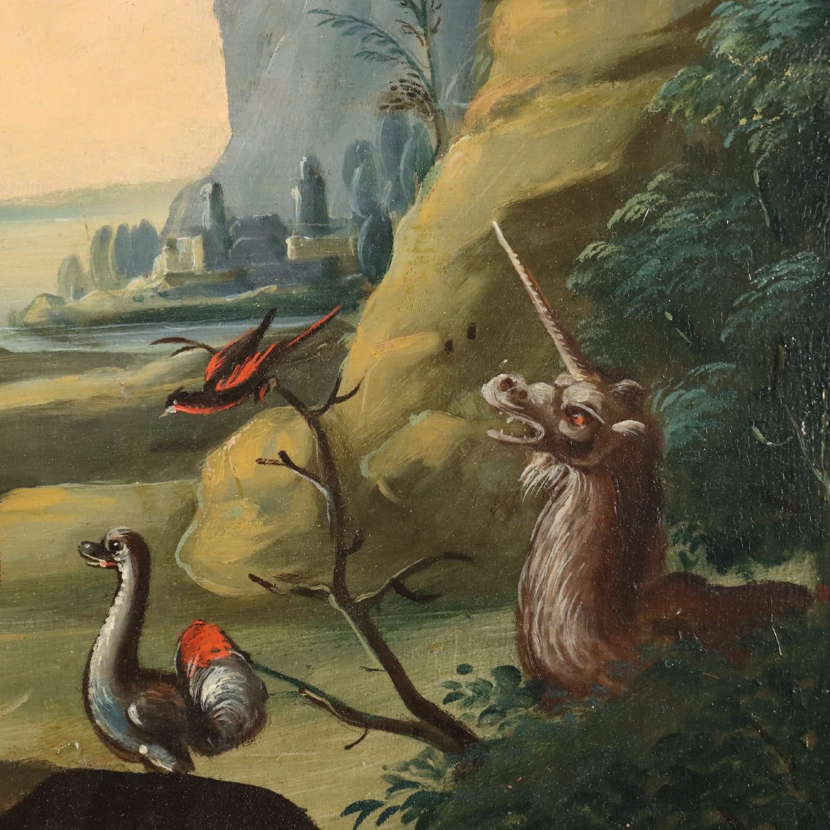 Tableau Ancien Orphée Enchante les Animaux Huile sur Bois '700-photo-4
