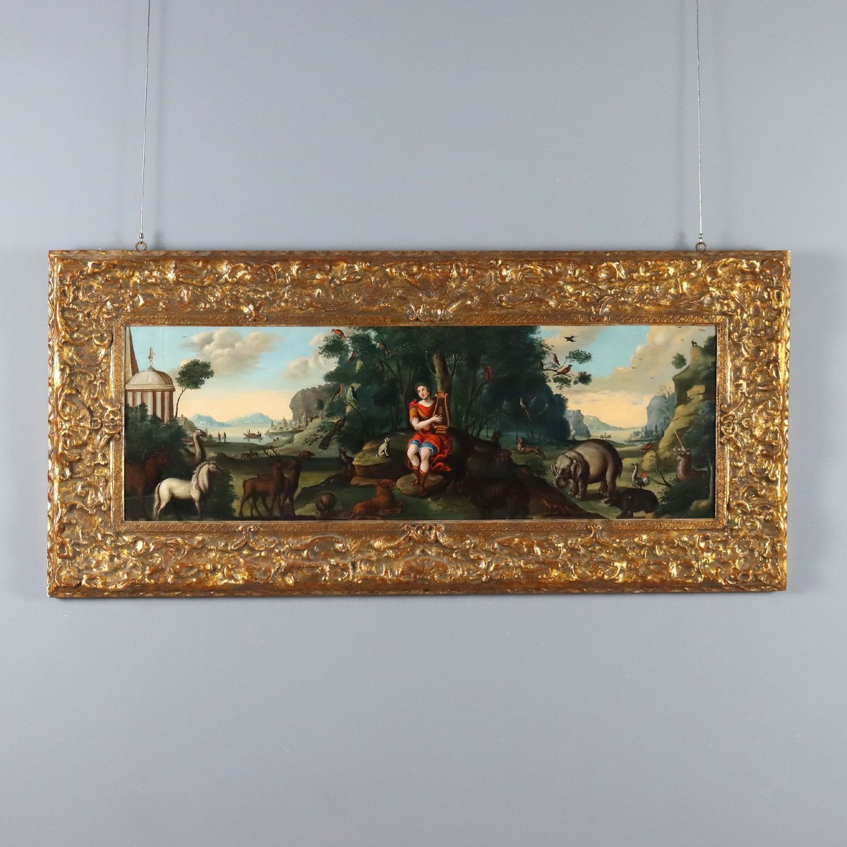 Tableau Ancien Orphée Enchante les Animaux Huile sur Bois '700