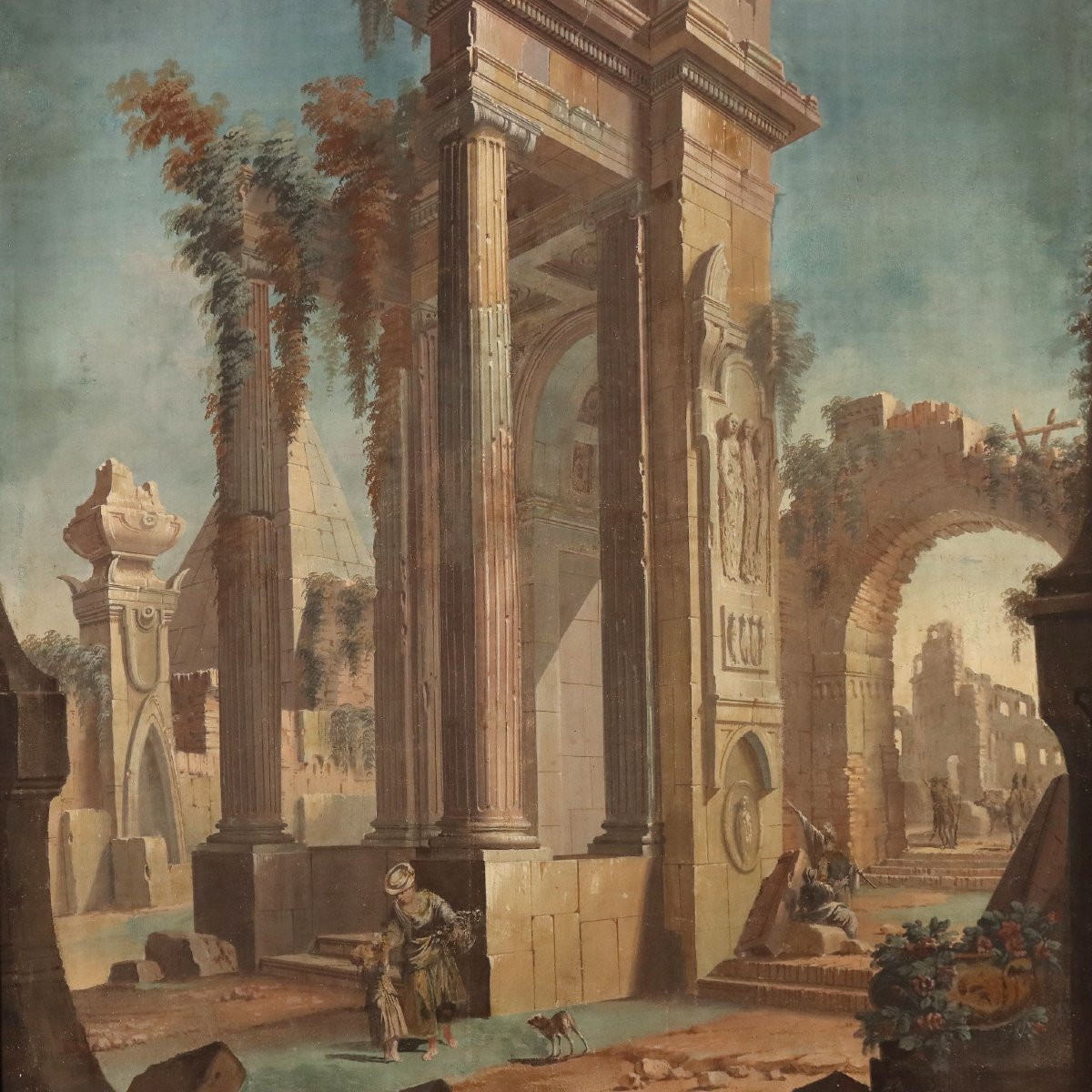 Tableau Ancien Vue Architecturale Détrempe sur Toile XVIIIe Siècle-photo-3