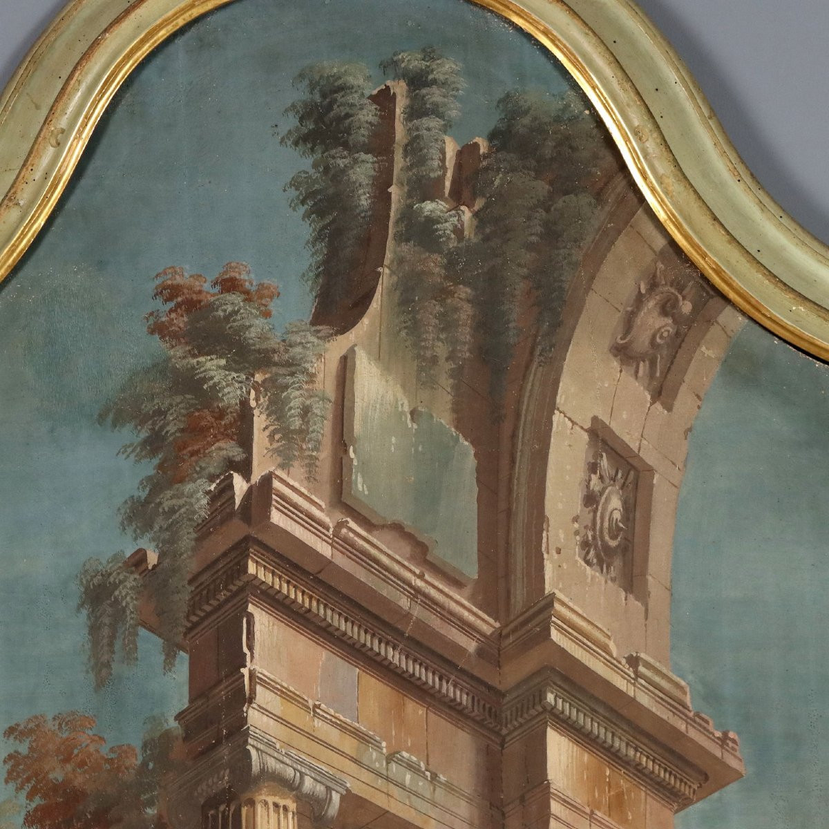 Tableau Ancien Vue Architecturale Détrempe sur Toile XVIIIe Siècle-photo-4