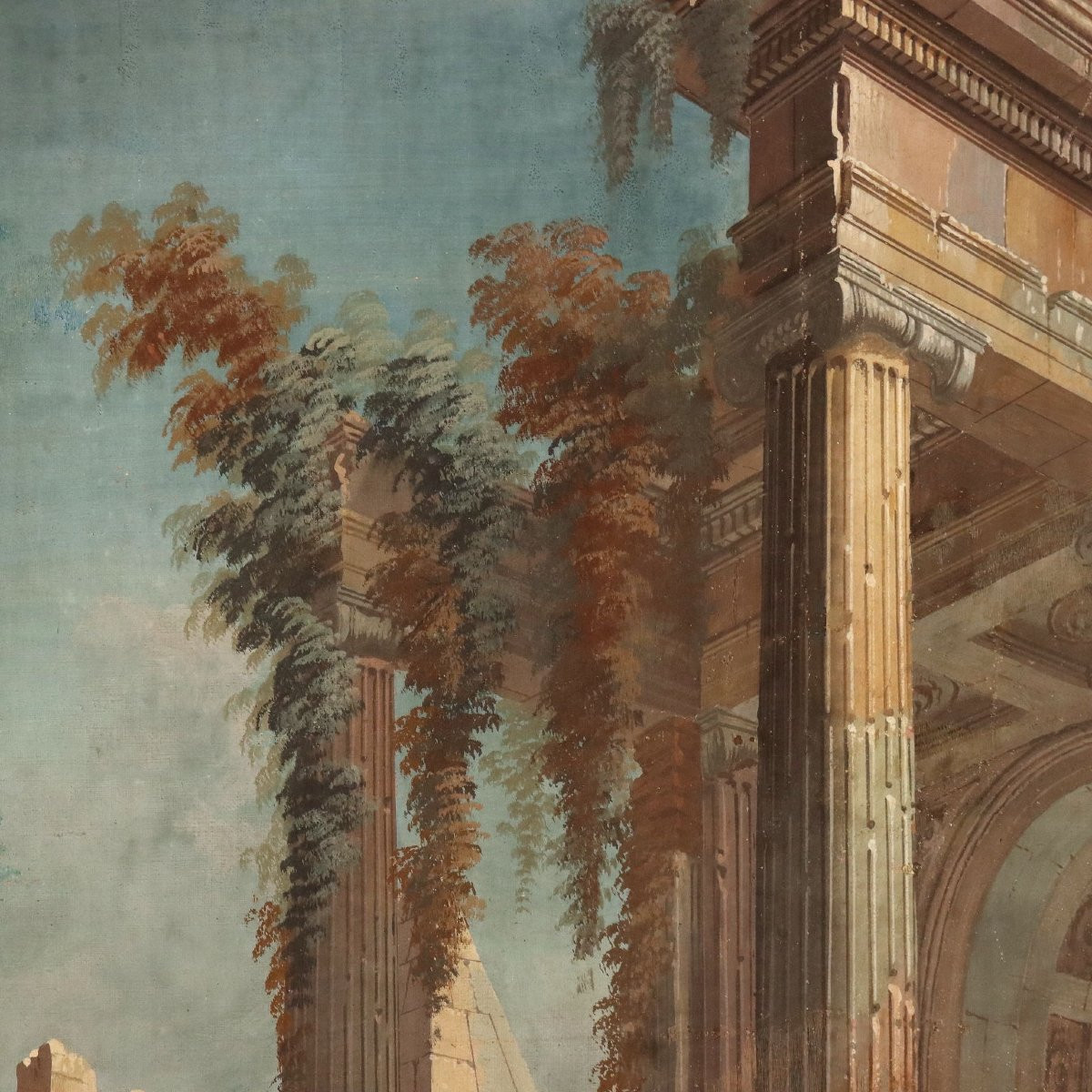 Tableau Ancien Vue Architecturale Détrempe sur Toile XVIIIe Siècle-photo-1