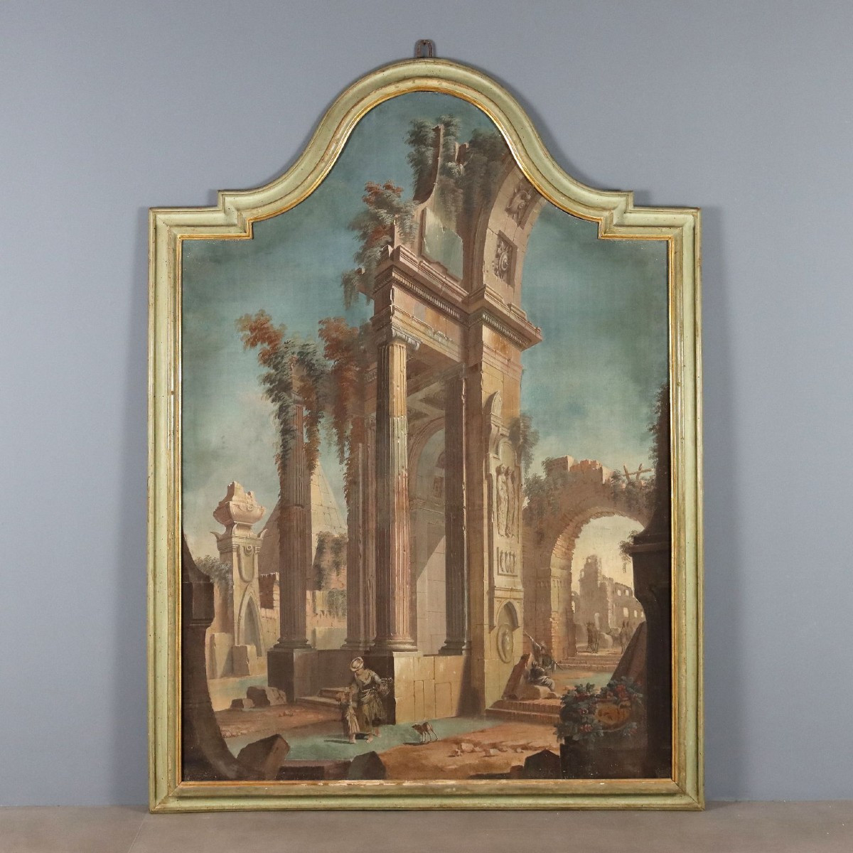Tableau Ancien Vue Architecturale Détrempe sur Toile XVIIIe Siècle