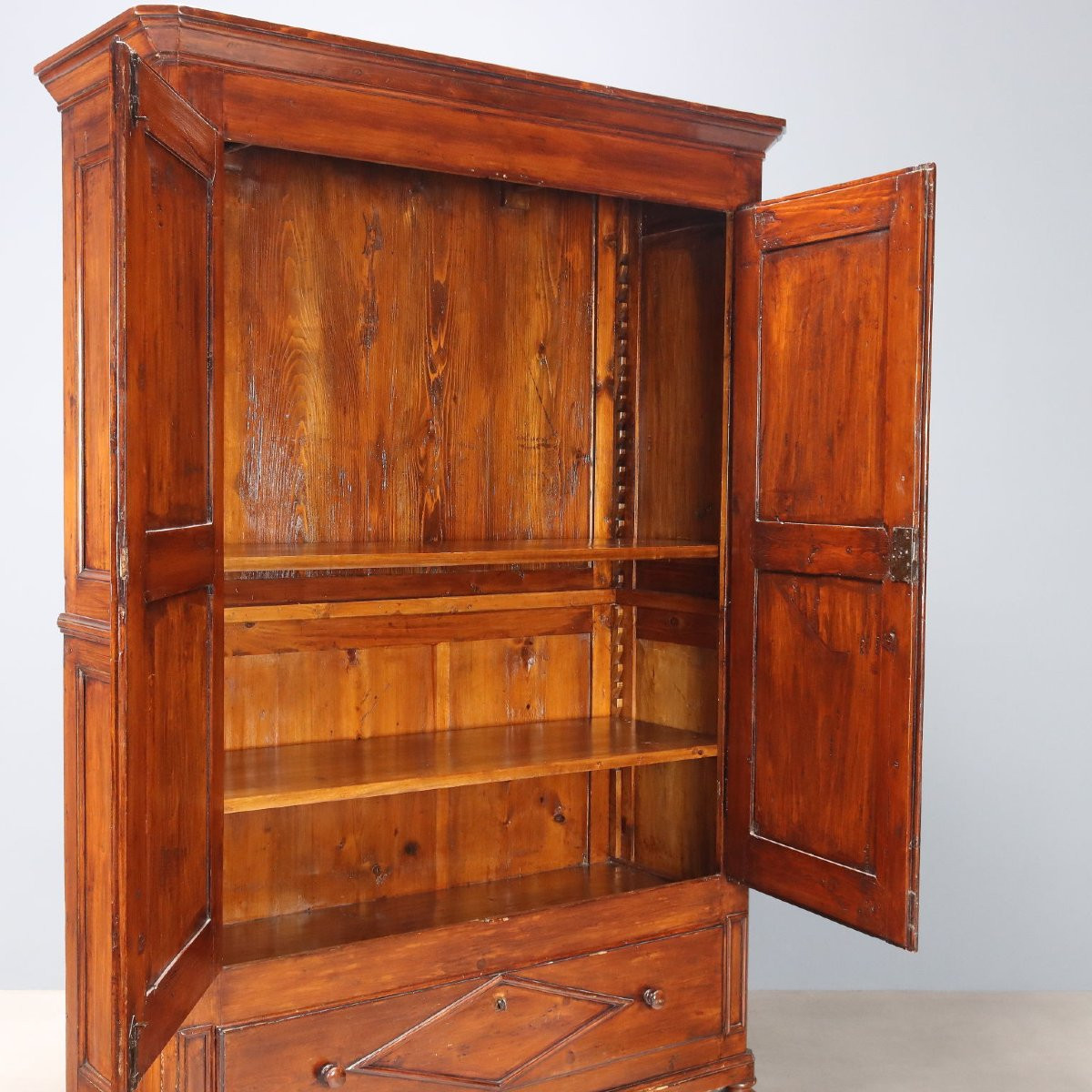 19th-century Two-part Wardrobe In Walnut-stained Poplar From Piedmont-photo-3