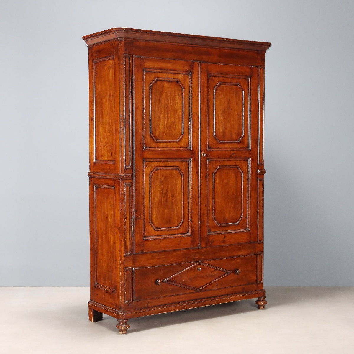 19th-century Two-part Wardrobe In Walnut-stained Poplar From Piedmont