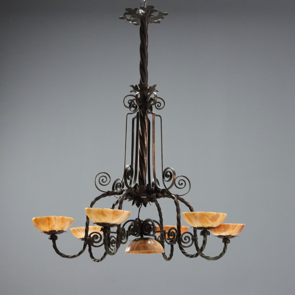 Art Nouveau Metal Chandelier, Burnished Finish, Italy, First Quarter Of The 20th Century