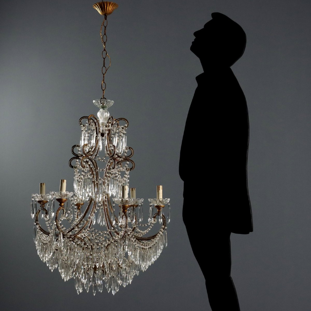 Lustre Ancien Fer Doré 6 Lumières Italie du XXe Siècle-photo-2