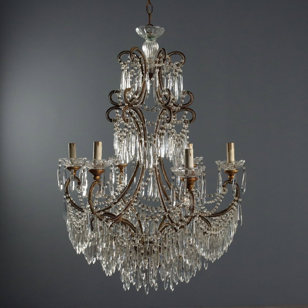 Lustre Ancien Fer Doré 6 Lumières Italie du XXe Siècle-photo-3
