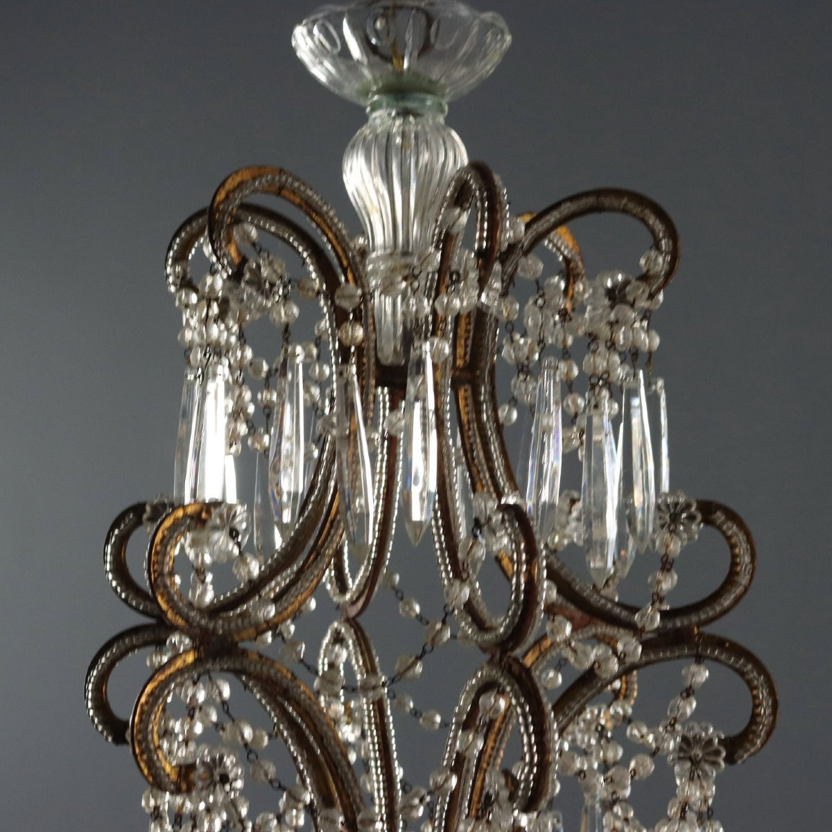 Lustre Ancien Fer Doré 6 Lumières Italie du XXe Siècle-photo-1