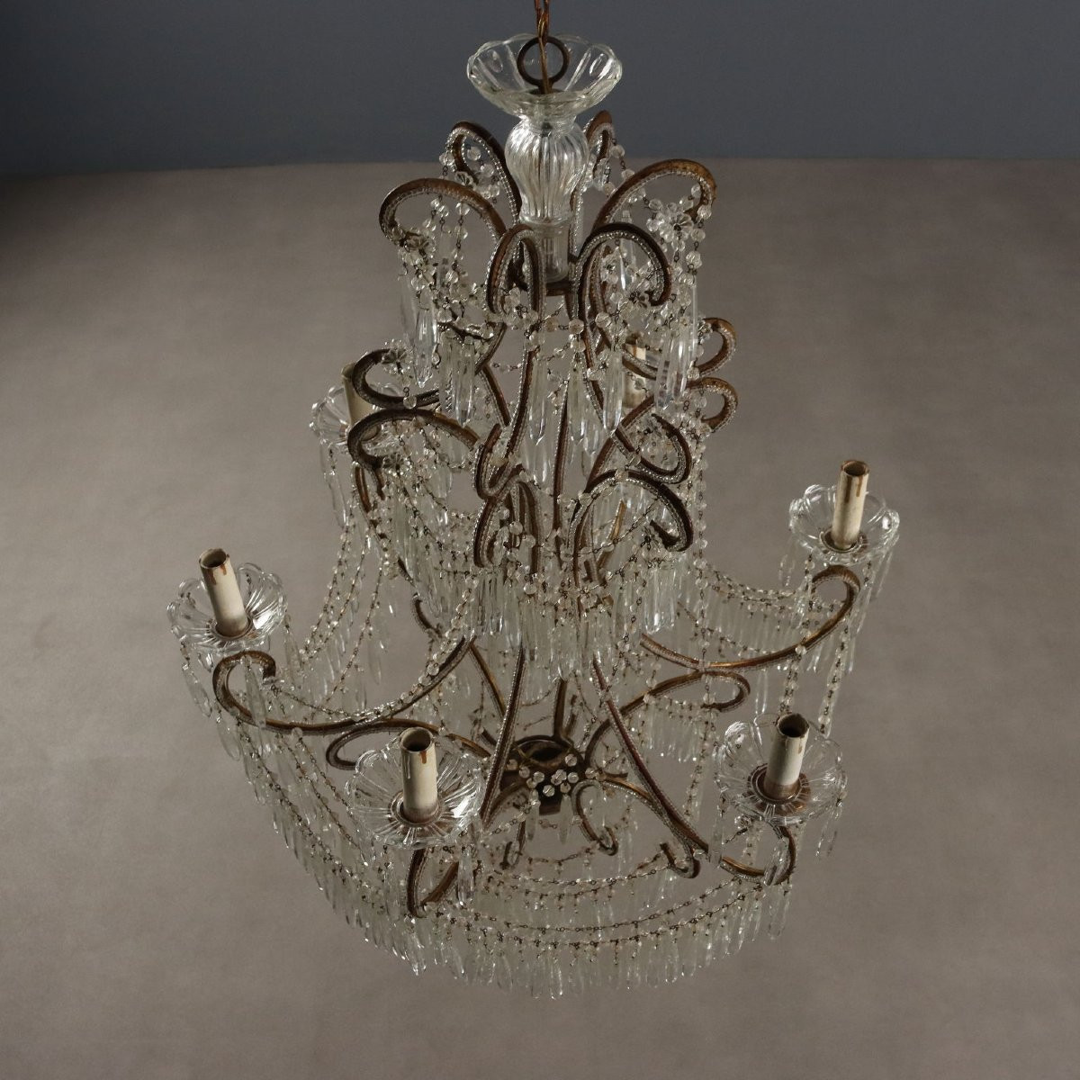 Lustre Ancien Fer Doré 6 Lumières Italie du XXe Siècle-photo-5