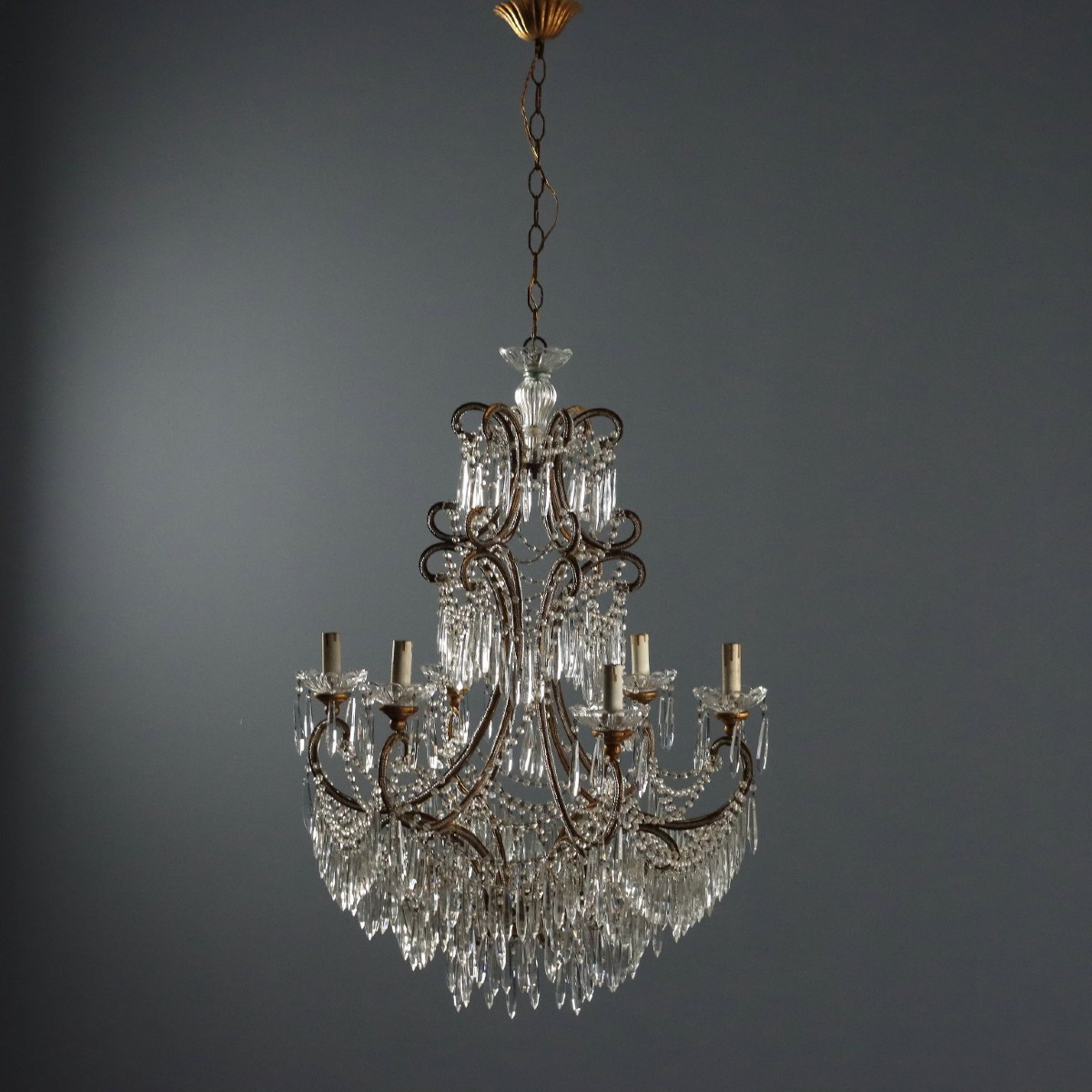 Lustre Ancien Fer Doré 6 Lumières Italie du XXe Siècle