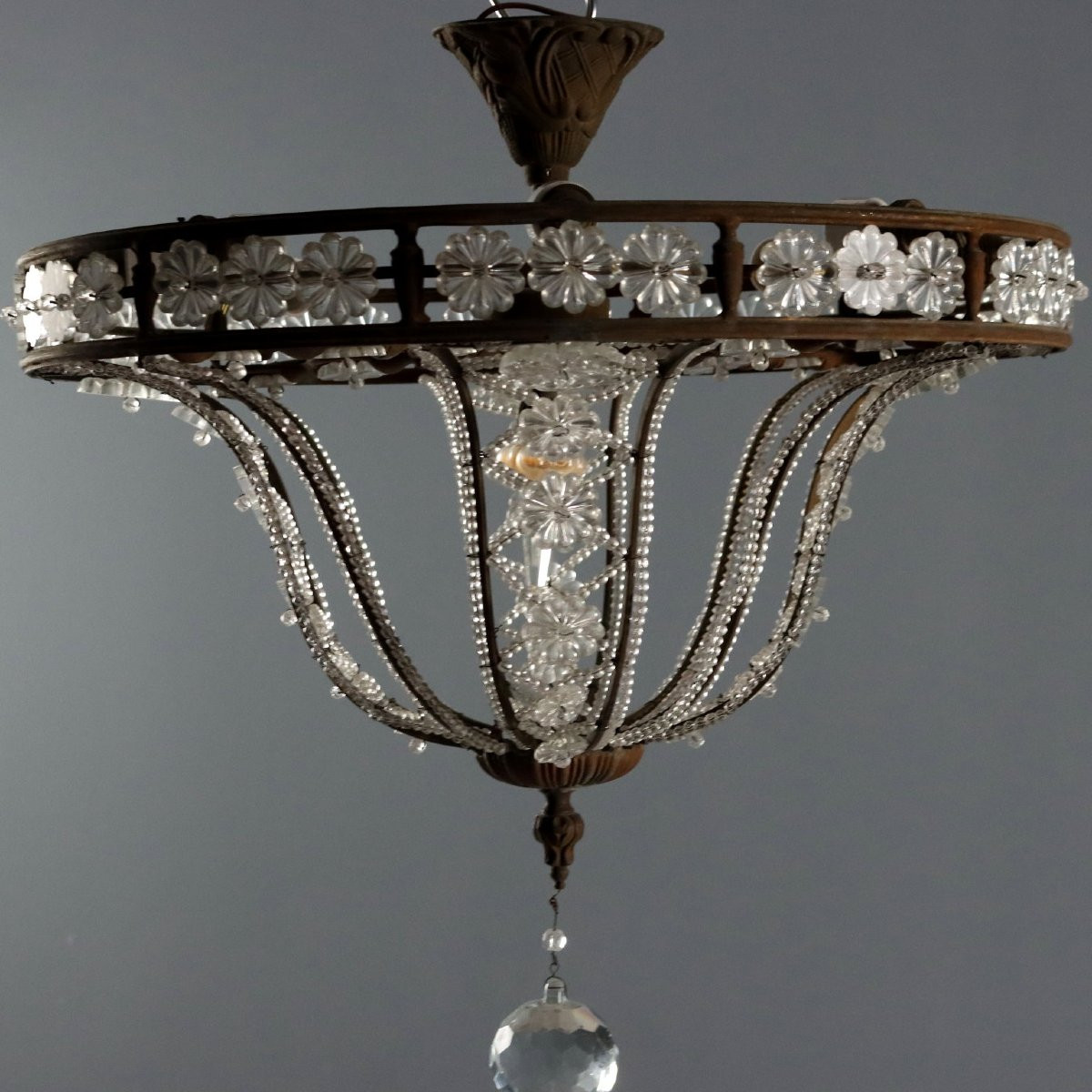 Lustres Anciens Métal Verre 8 Lumières Italie XXe Siècle-photo-3