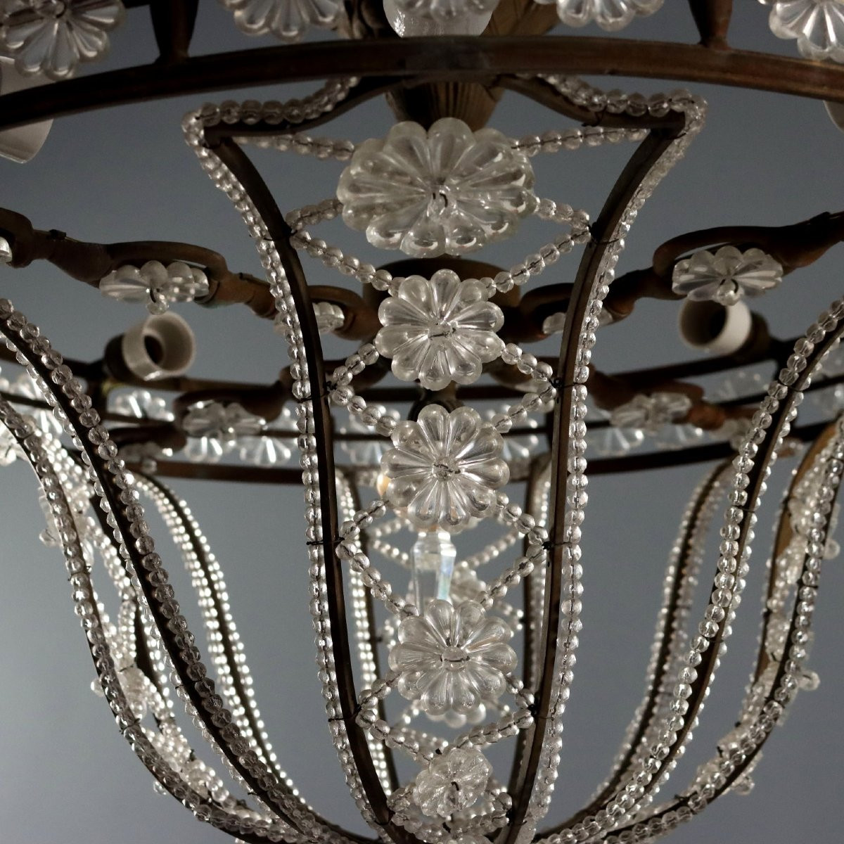 Lustres Anciens Métal Verre 8 Lumières Italie XXe Siècle-photo-2