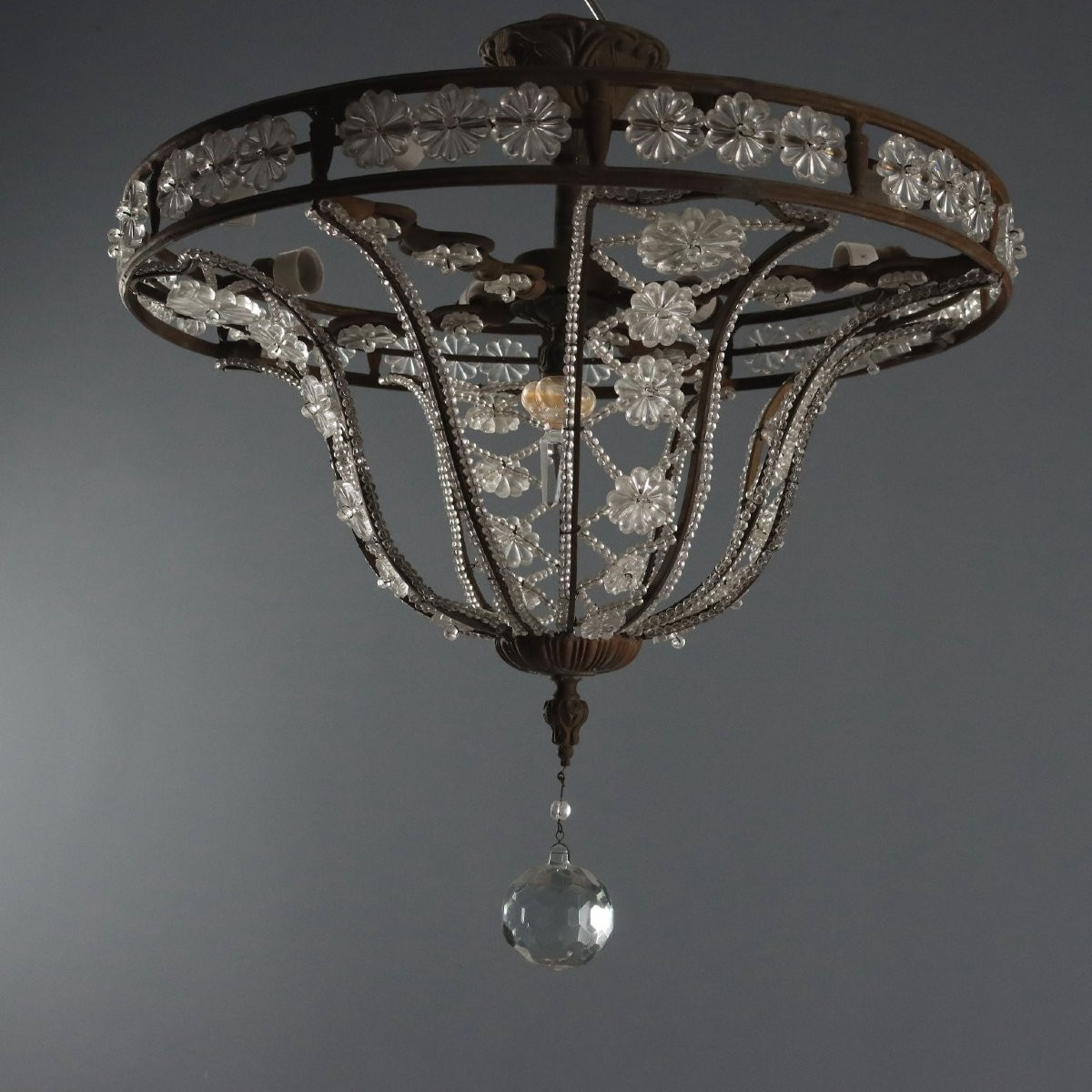 Lustres Anciens Métal Verre 8 Lumières Italie XXe Siècle-photo-4