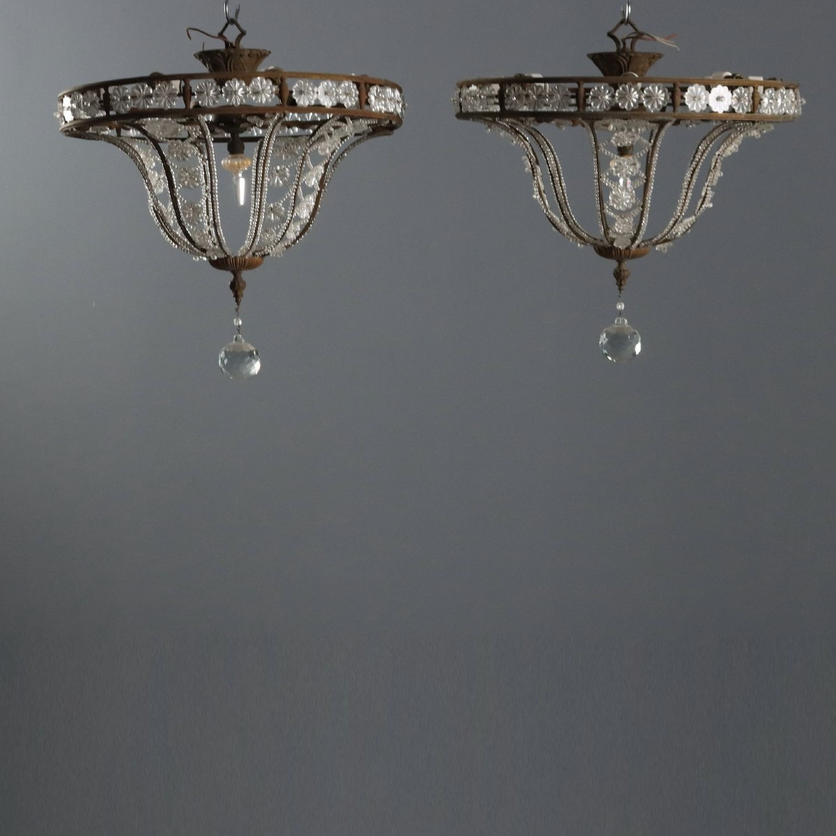 Lustres Anciens Métal Verre 8 Lumières Italie XXe Siècle