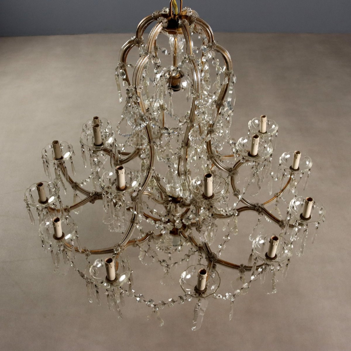 Lustre Marie-Thérèse Ancien 18 Lumières Fer Verre Italie XIXe Siècle-photo-2