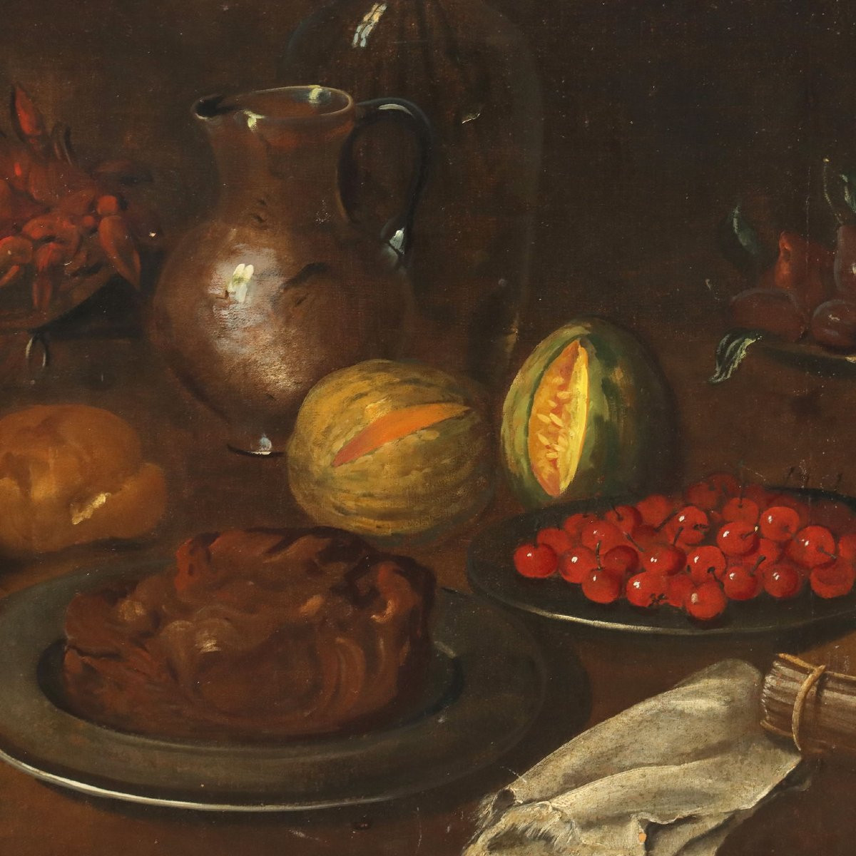 Antique Painting Still Life With Fruit Vegetables And Cat Oil On Canvas Italy XVII Century-photo-3