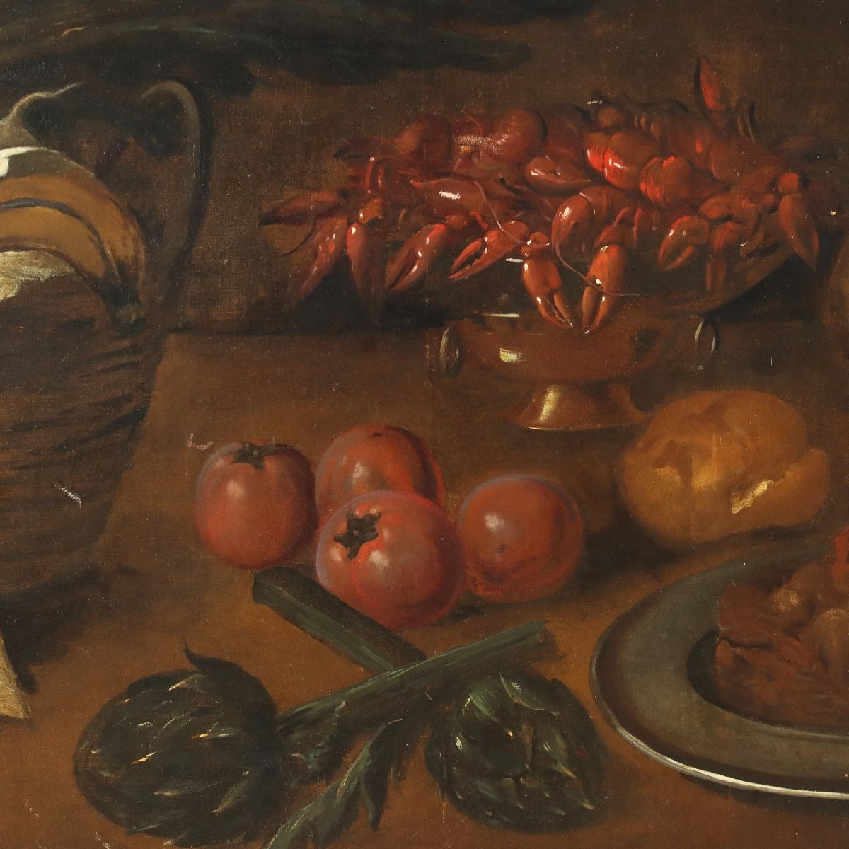 Antique Painting Still Life With Fruit Vegetables And Cat Oil On Canvas Italy XVII Century-photo-4