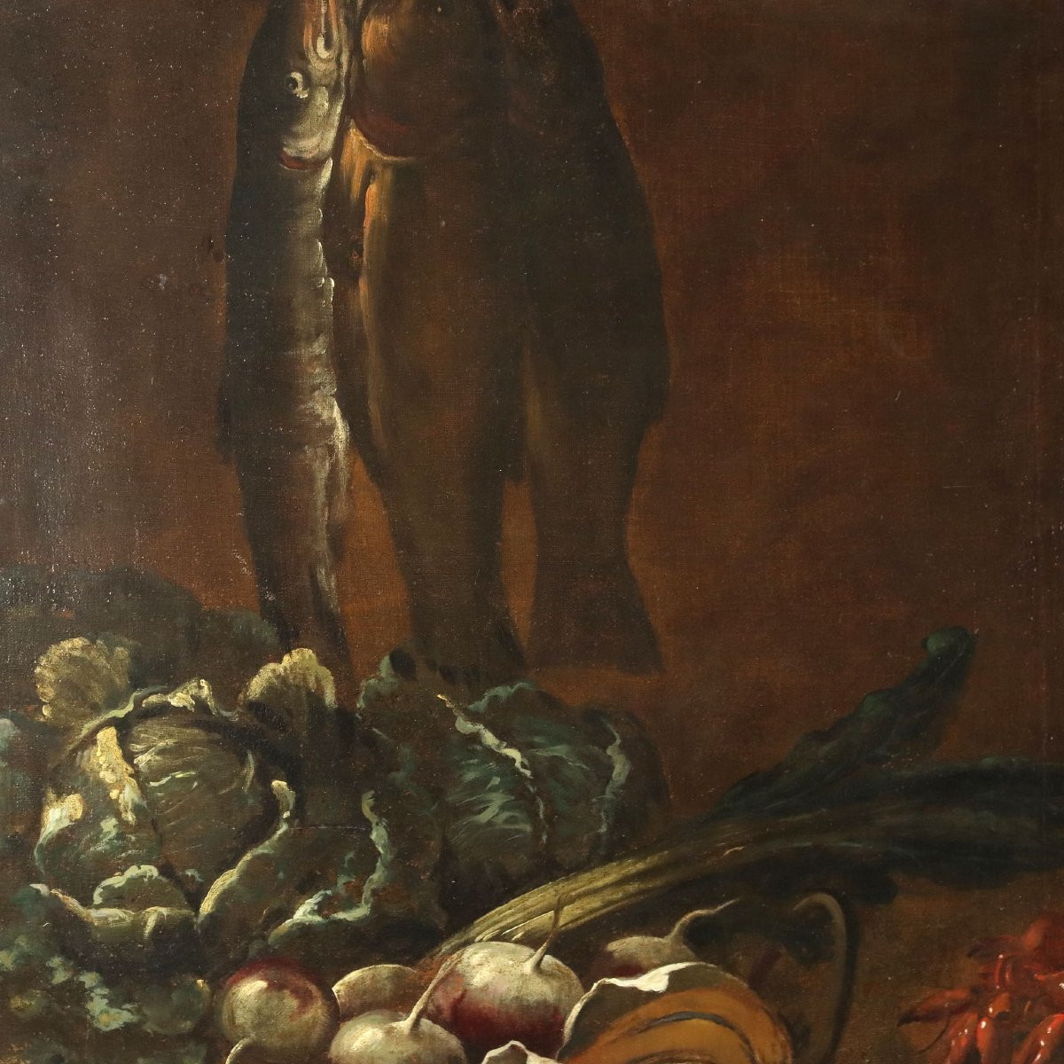 Antique Painting Still Life With Fruit Vegetables And Cat Oil On Canvas Italy XVII Century-photo-2